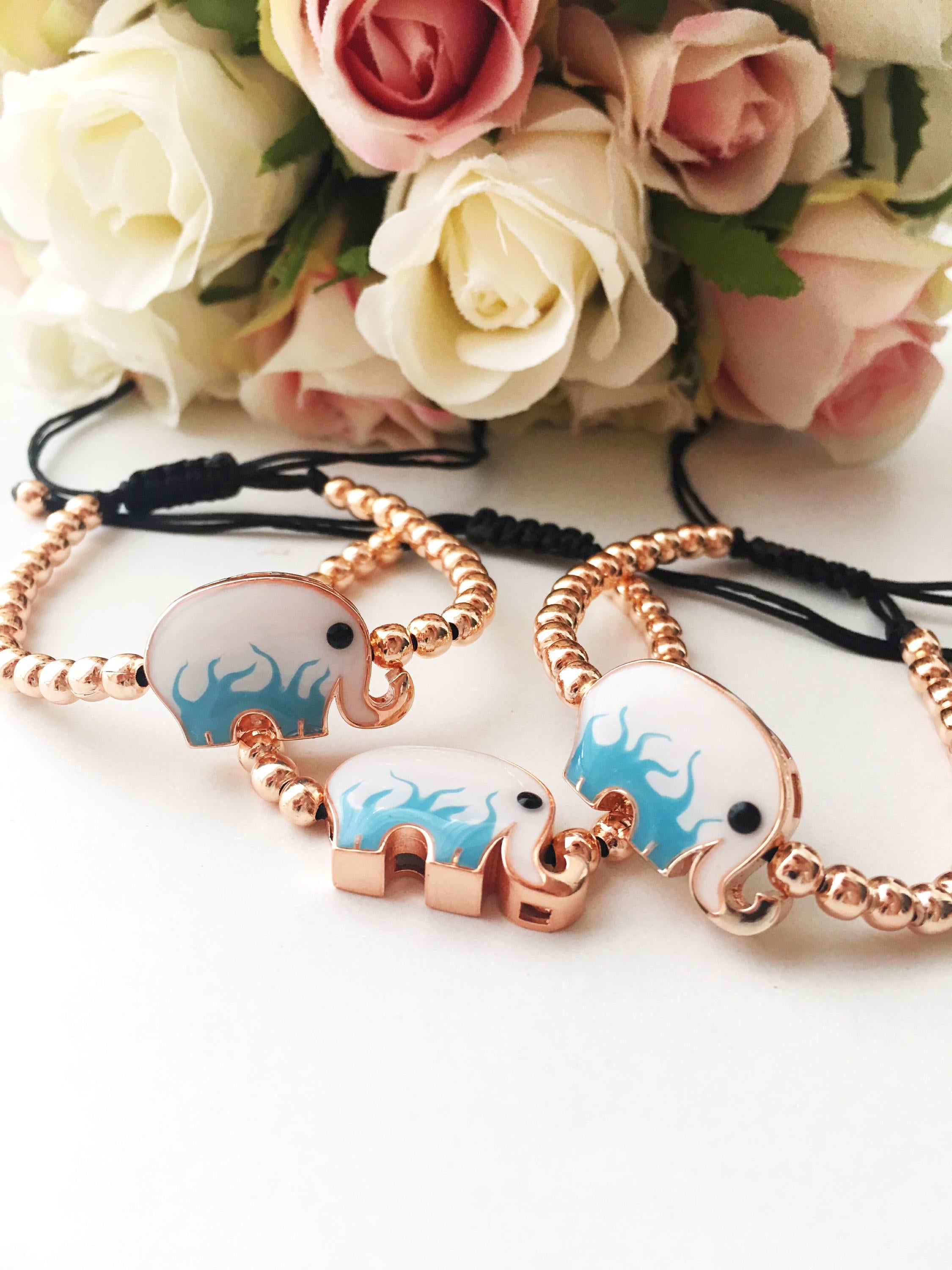 Adjustable Good Luck Bracelet featuring a rose gold elephant charm, handmade with tarnish-resistant stainless steel.