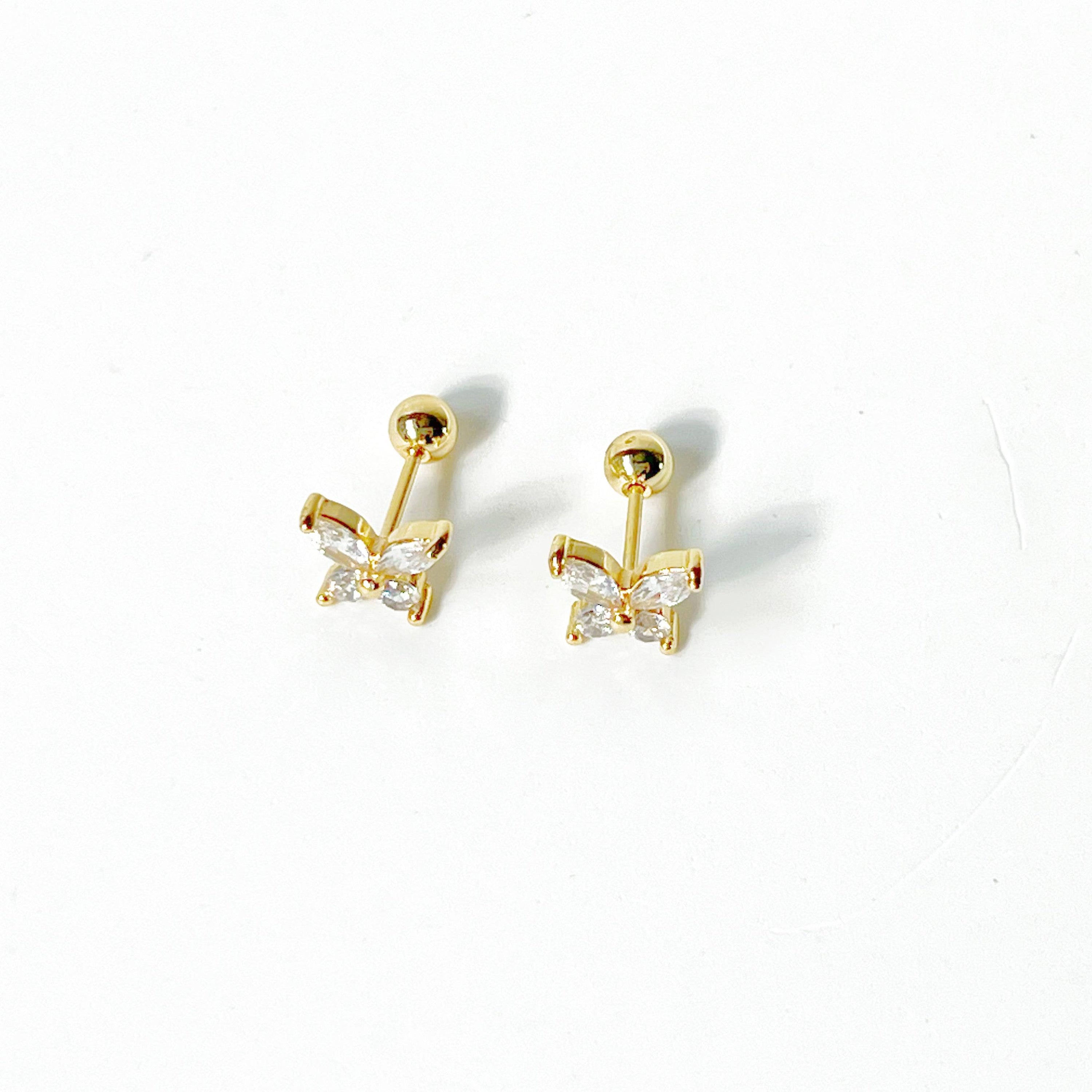 Gold Butterfly Zircon Screw Back Earrings featuring delicate butterfly design with clear zircon embellishments.
