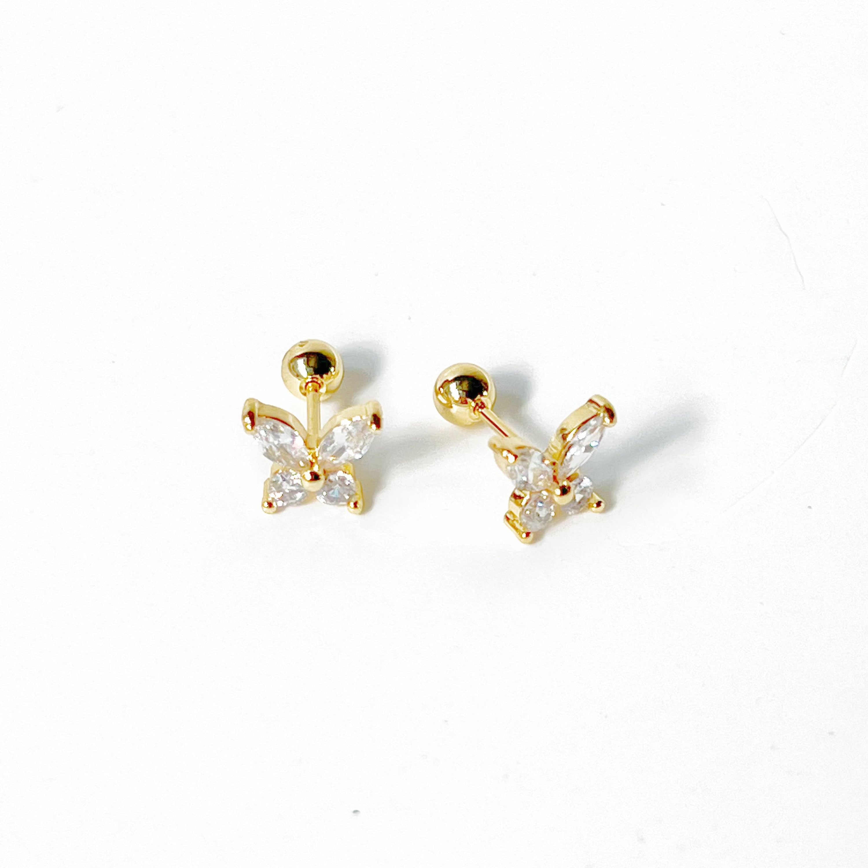 Gold Butterfly Zircon Screw Back Earrings featuring delicate butterfly design with clear zircon embellishments.