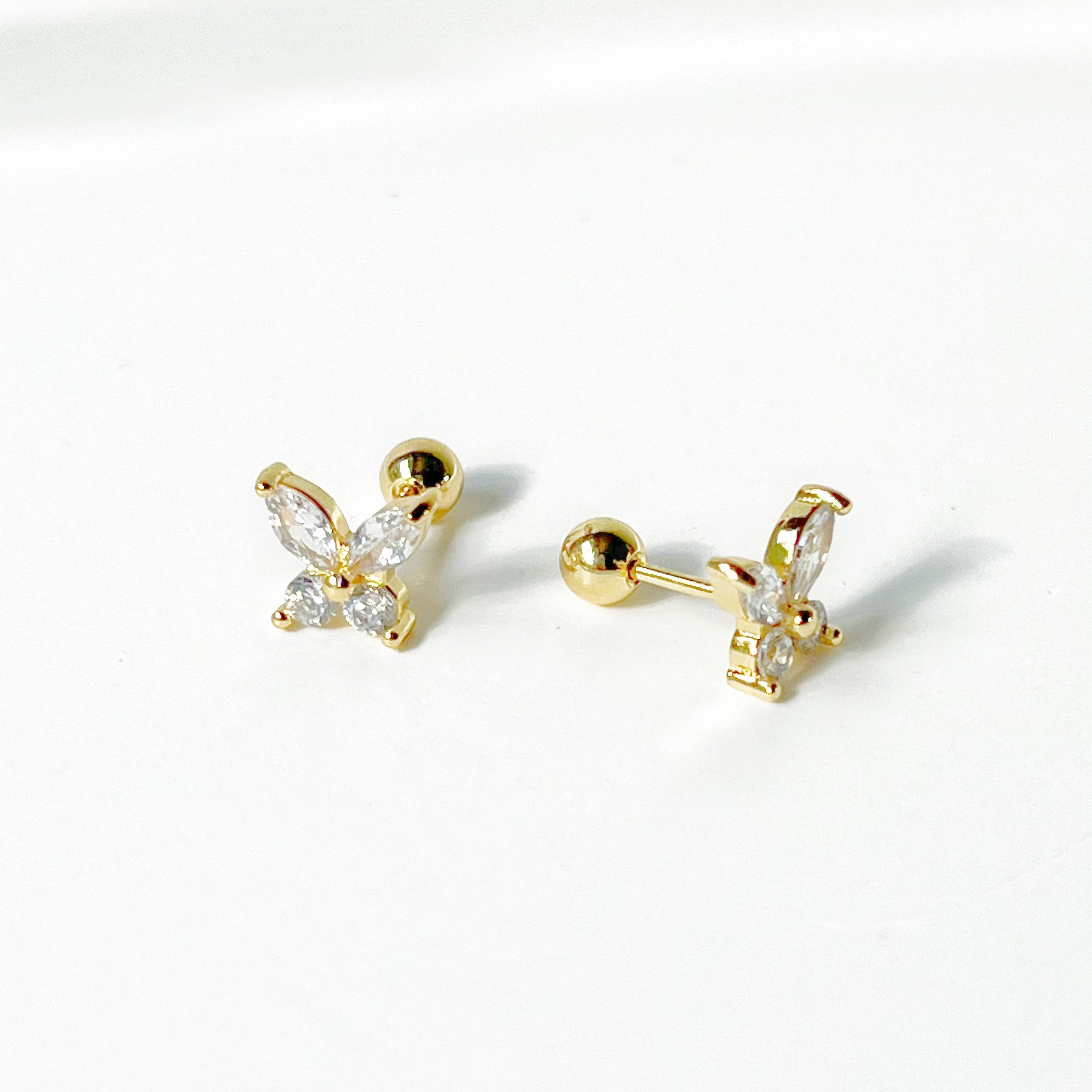 Gold Butterfly Zircon Screw Back Earrings featuring delicate butterfly design with clear zircon embellishments.