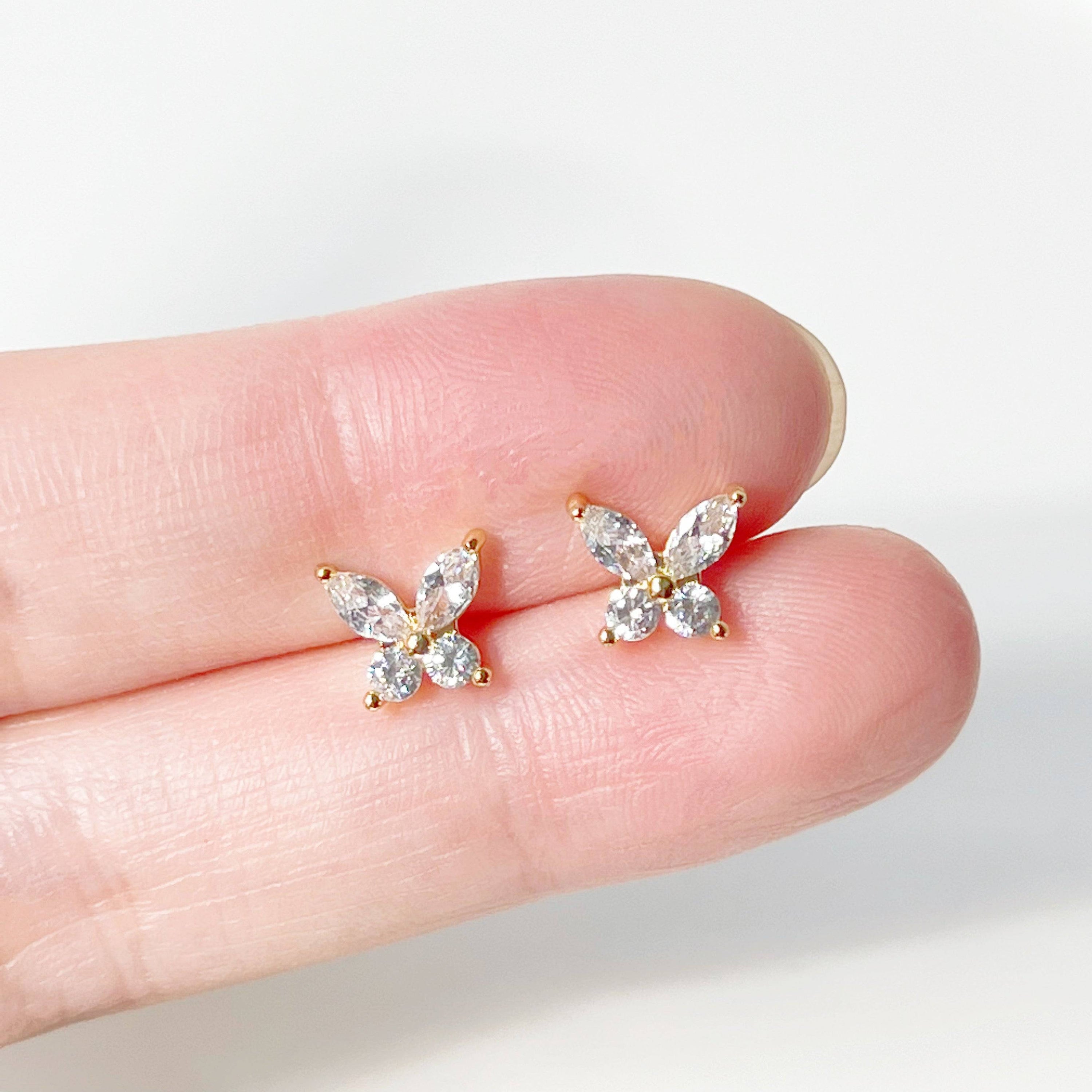 Gold Butterfly Zircon Screw Back Earrings featuring delicate butterfly design with clear zircon embellishments.