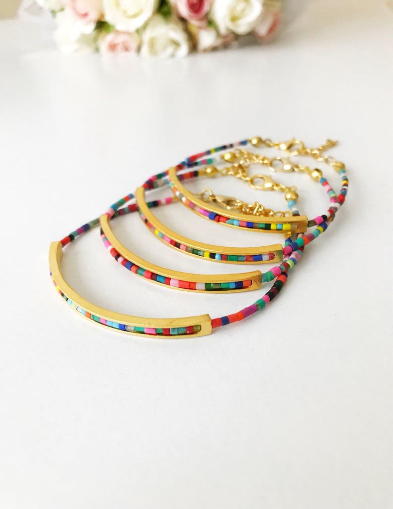 Handmade Gold Chain Evil Eye Bracelet featuring colorful Miyuki seed beads and an evil eye charm for protection.