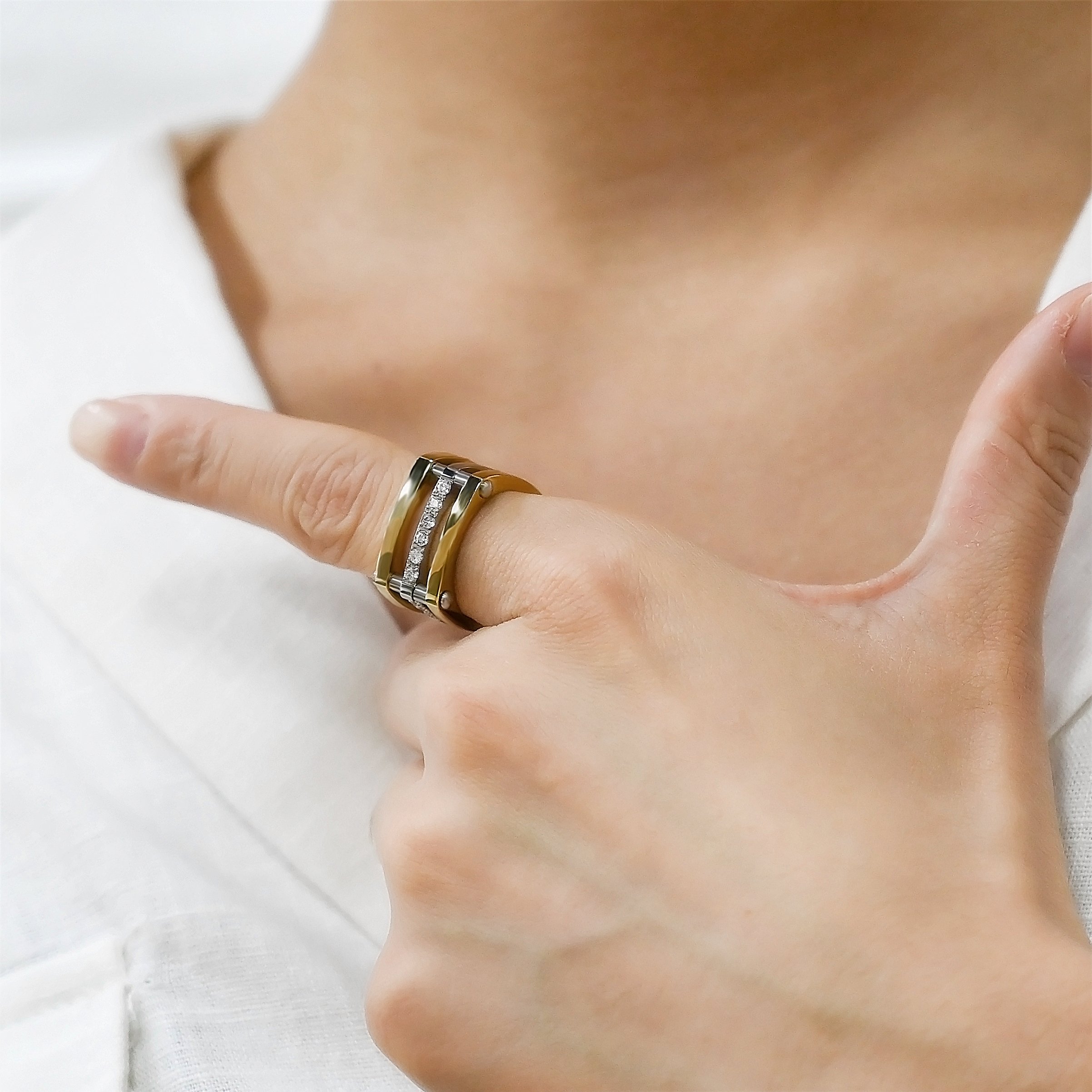 Gold Cocktail Paralleled Bar Ring featuring sparkling CZ stones, crafted from durable stainless steel with a luxurious gold finish.