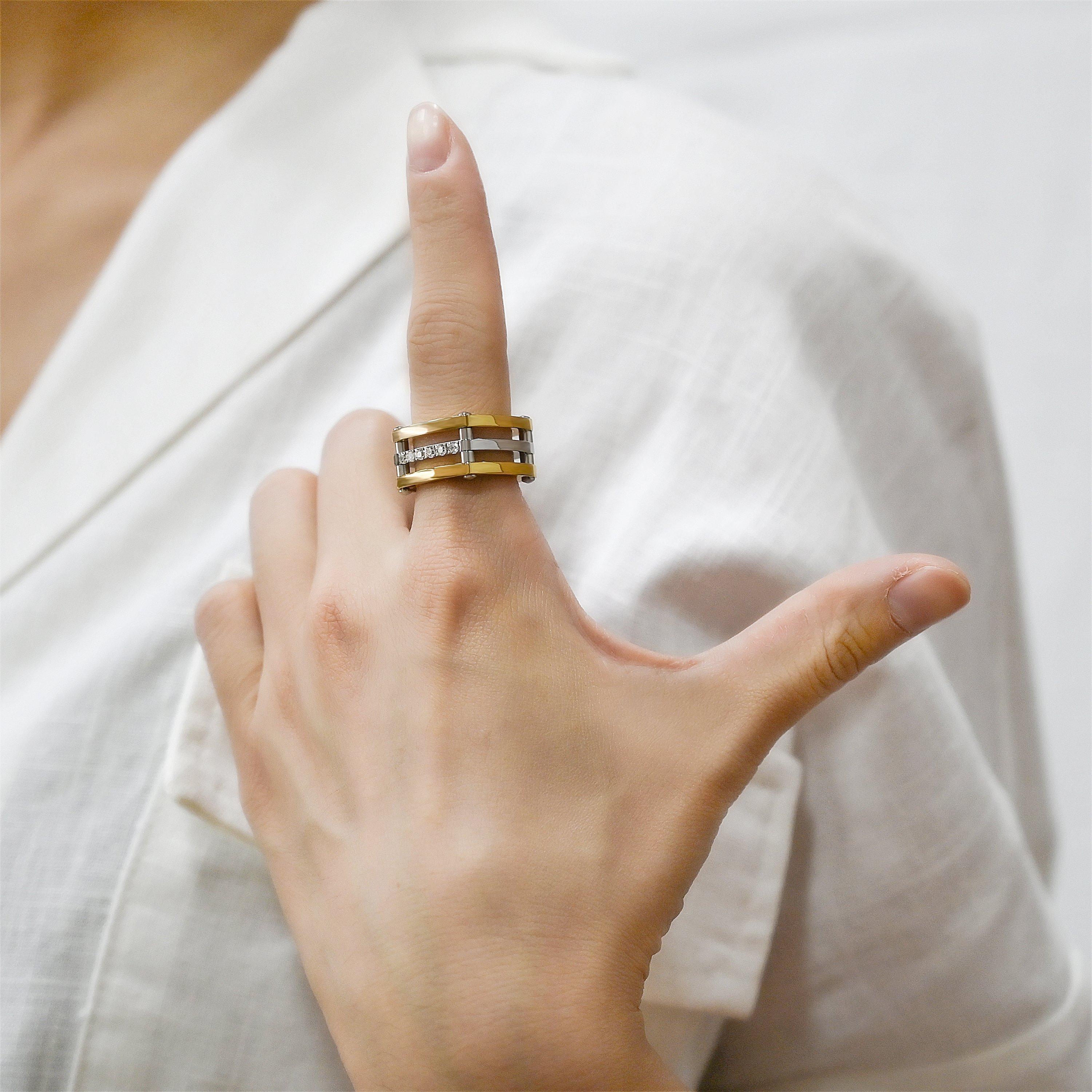 Gold Cocktail Paralleled Bar Ring featuring sparkling CZ stones, crafted from durable stainless steel with a luxurious gold finish.