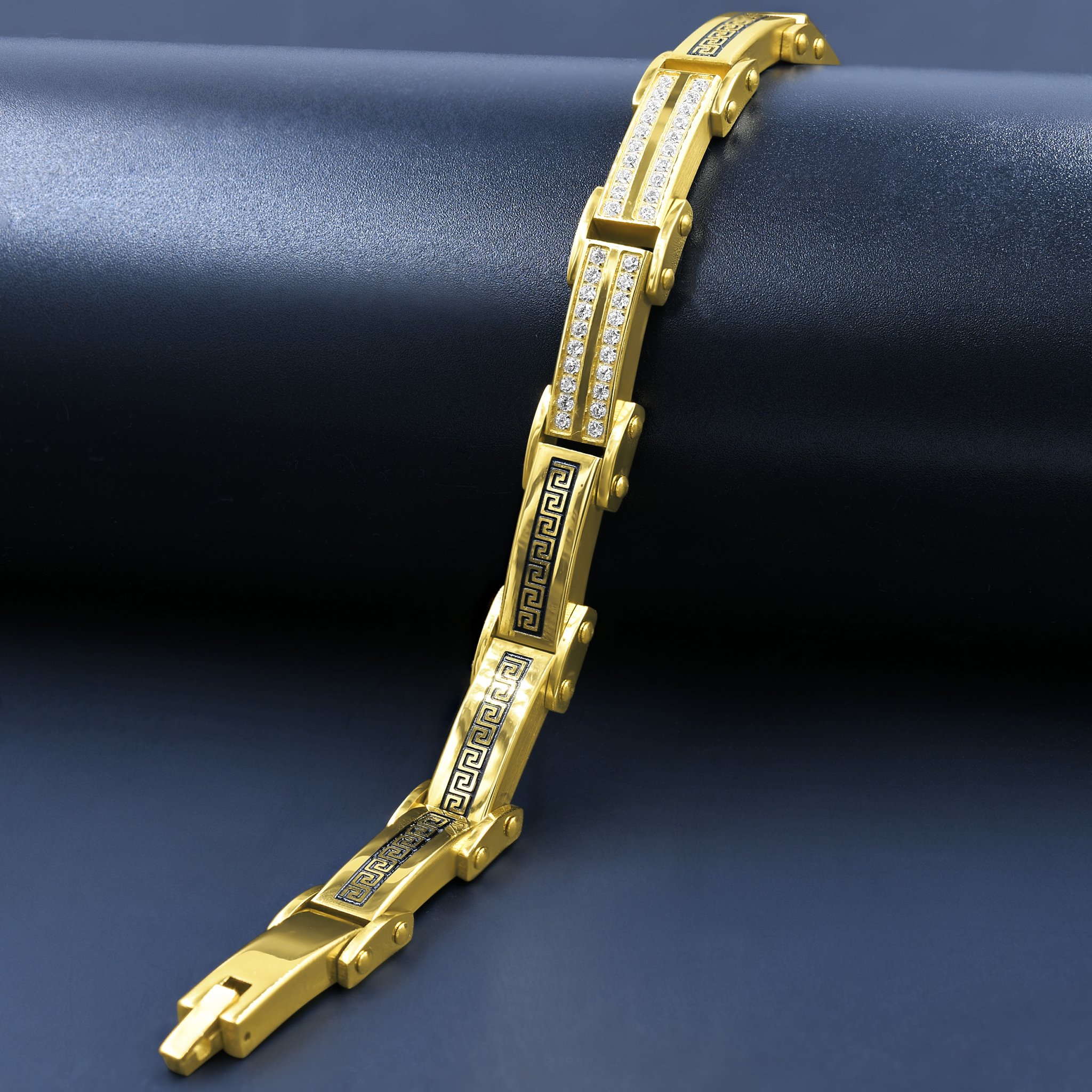 GOLD Greek Key Bracelet with White CZ stones, showcasing an elegant design in stainless steel.