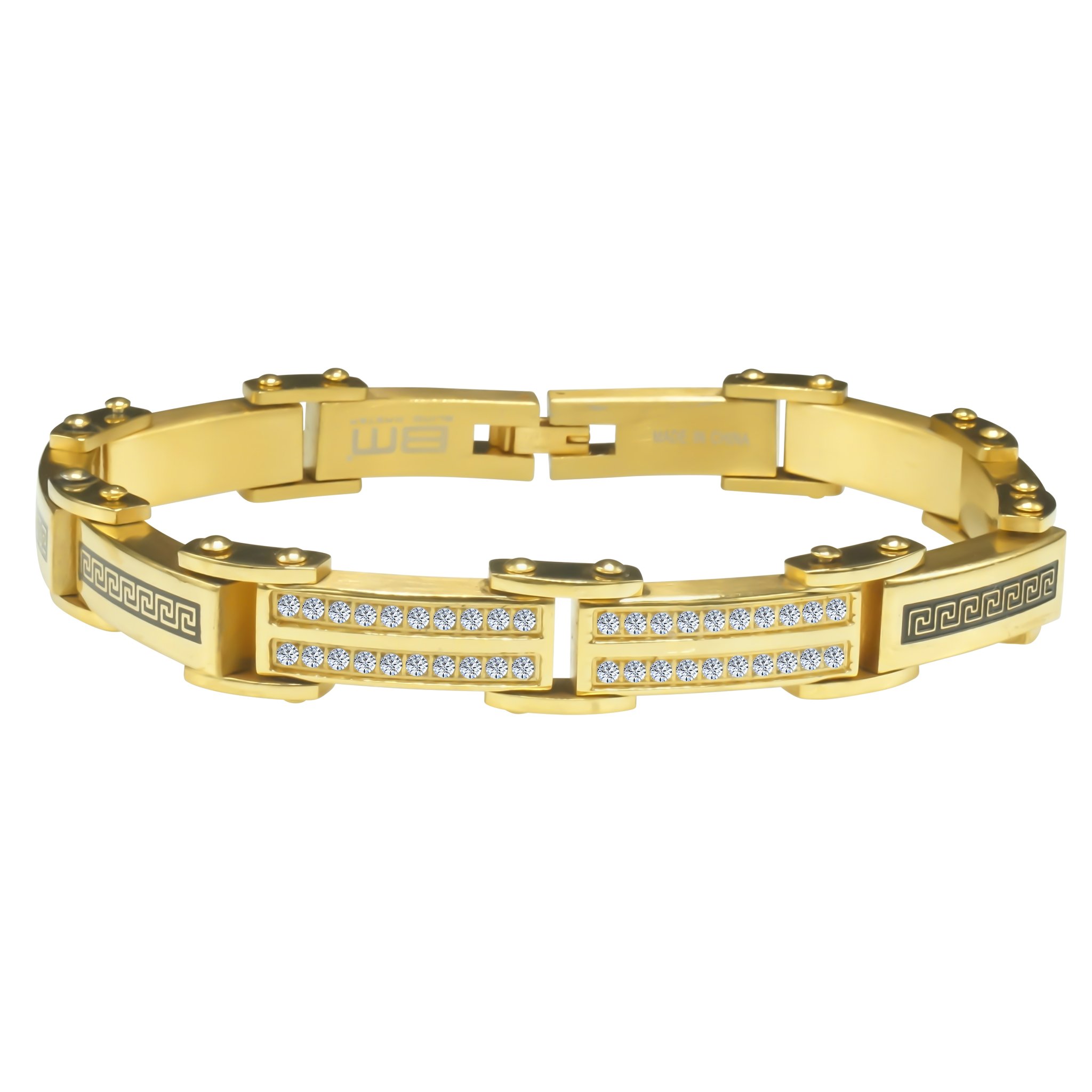 GOLD Greek Key Bracelet with White CZ stones, showcasing an elegant design in stainless steel.