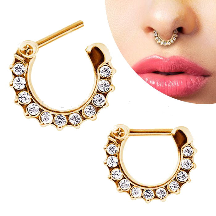 Gold Plated Gemmed Septum Clicker featuring cubic zirconium stones and a secure clicker design, made from surgical steel and copper.