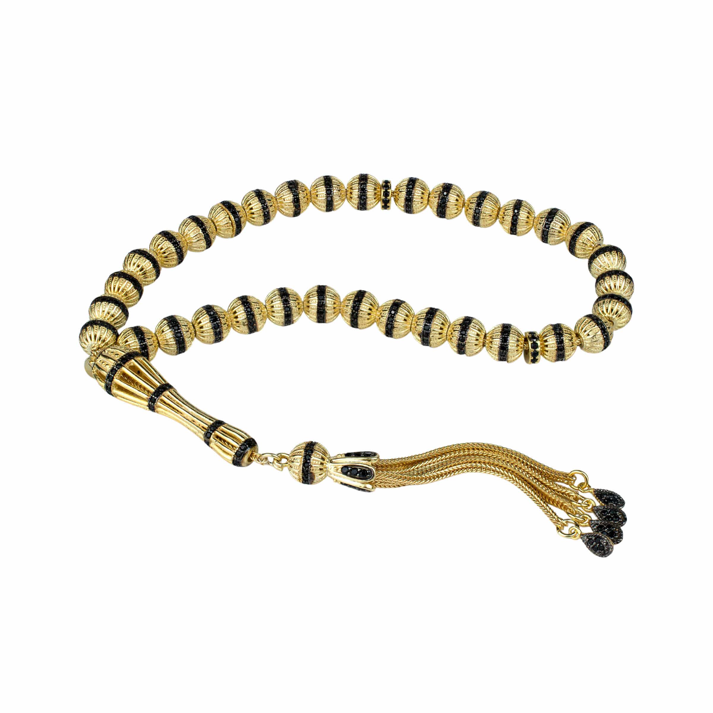 Gold Plated Sterling Silver Tasbih Rosary with 33 Black Zirconia Beads, elegantly designed and lightweight.