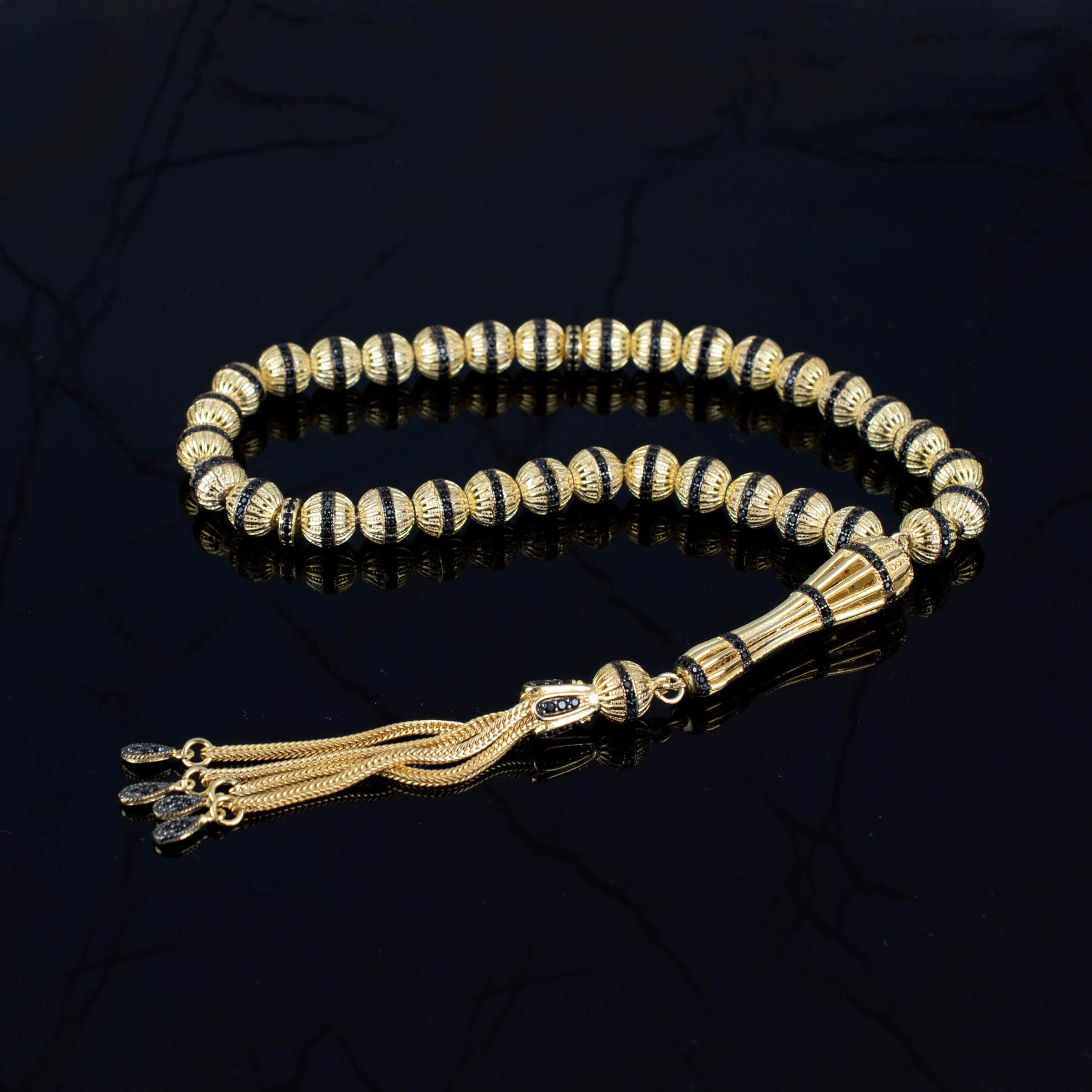 Gold Plated Sterling Silver Tasbih Rosary with 33 Black Zirconia Beads, elegantly designed and lightweight.