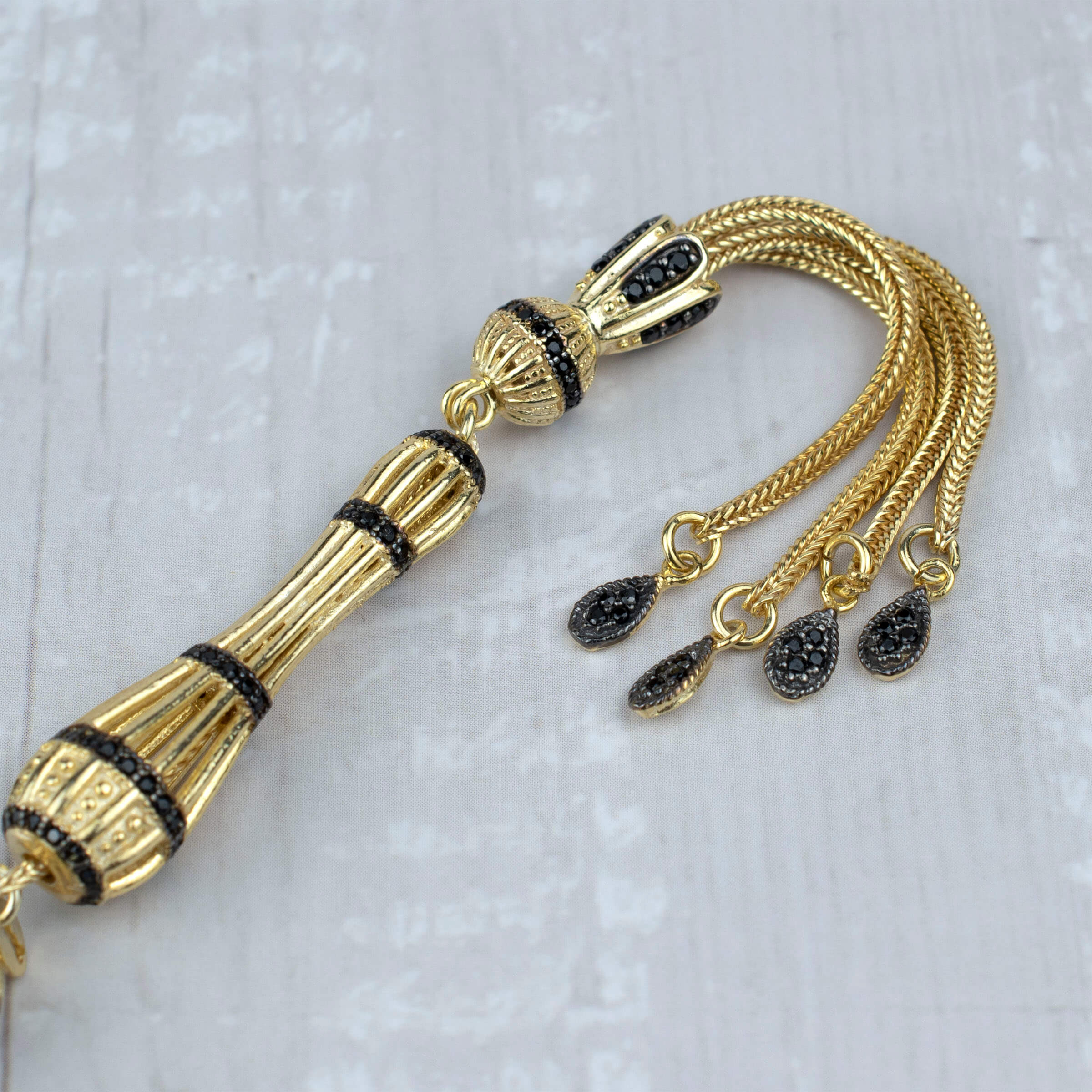 Gold Plated Sterling Silver Tasbih Rosary with 33 Black Zirconia Beads, elegantly designed and lightweight.