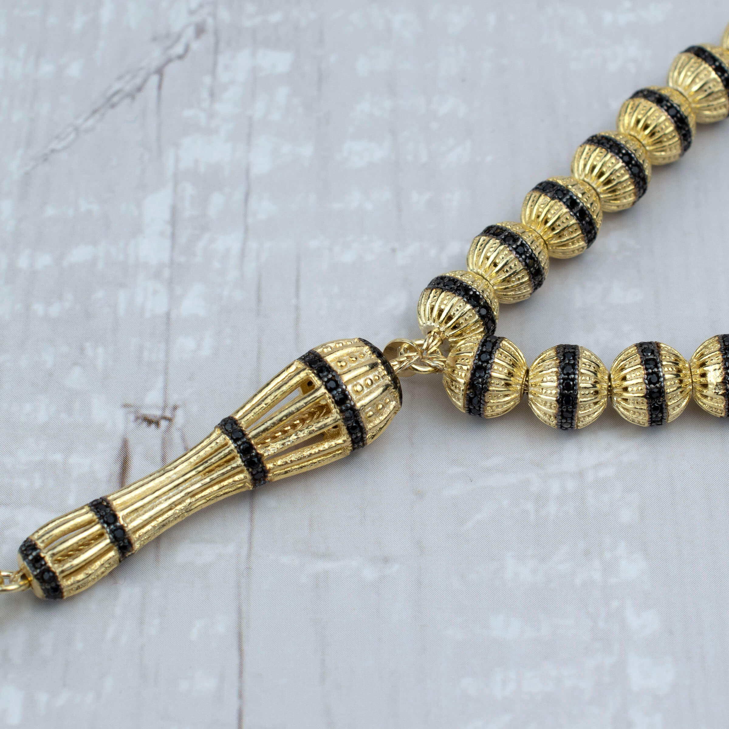 Gold Plated Sterling Silver Tasbih Rosary with 33 Black Zirconia Beads, elegantly designed and lightweight.