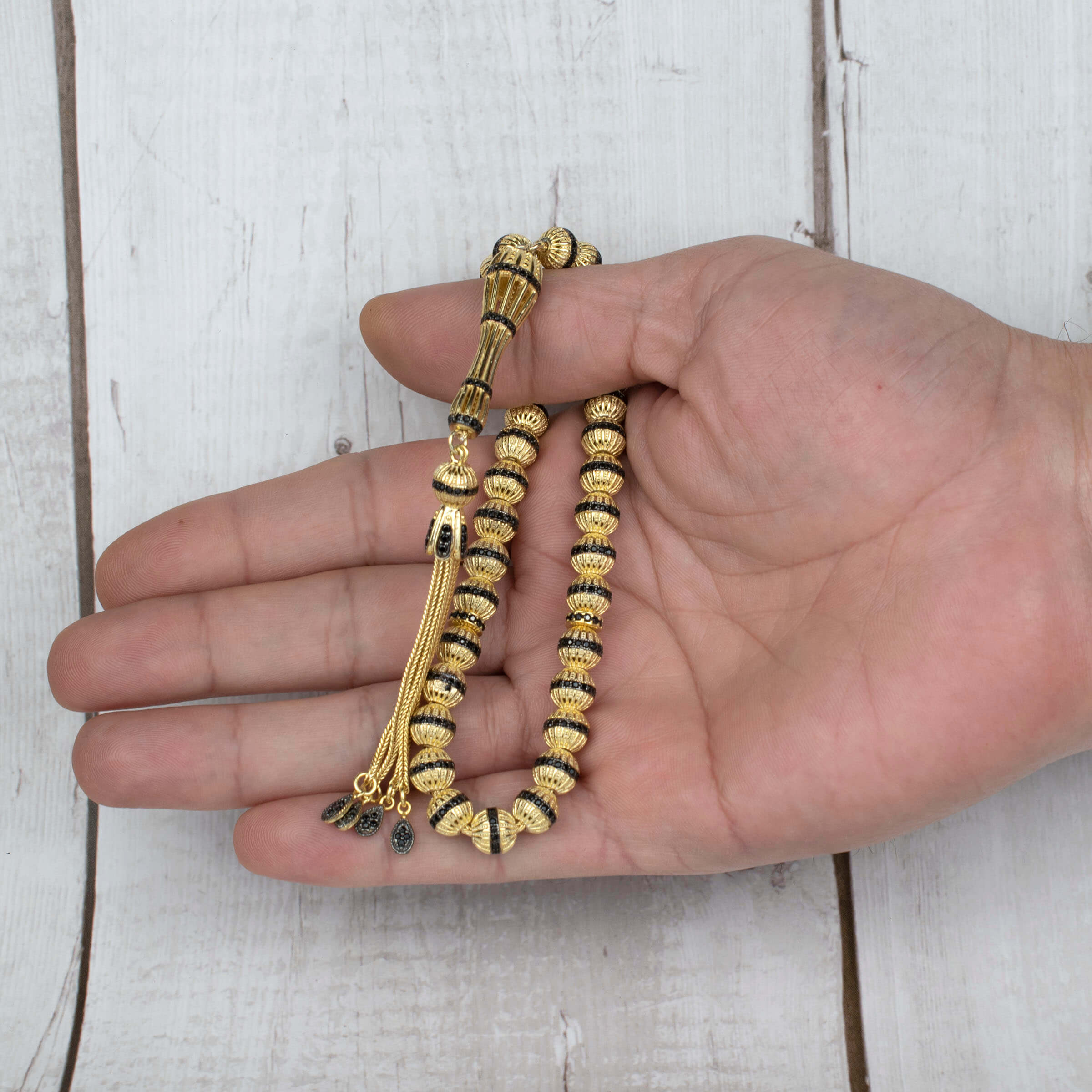Gold Plated Sterling Silver Tasbih Rosary with 33 Black Zirconia Beads, elegantly designed and lightweight.