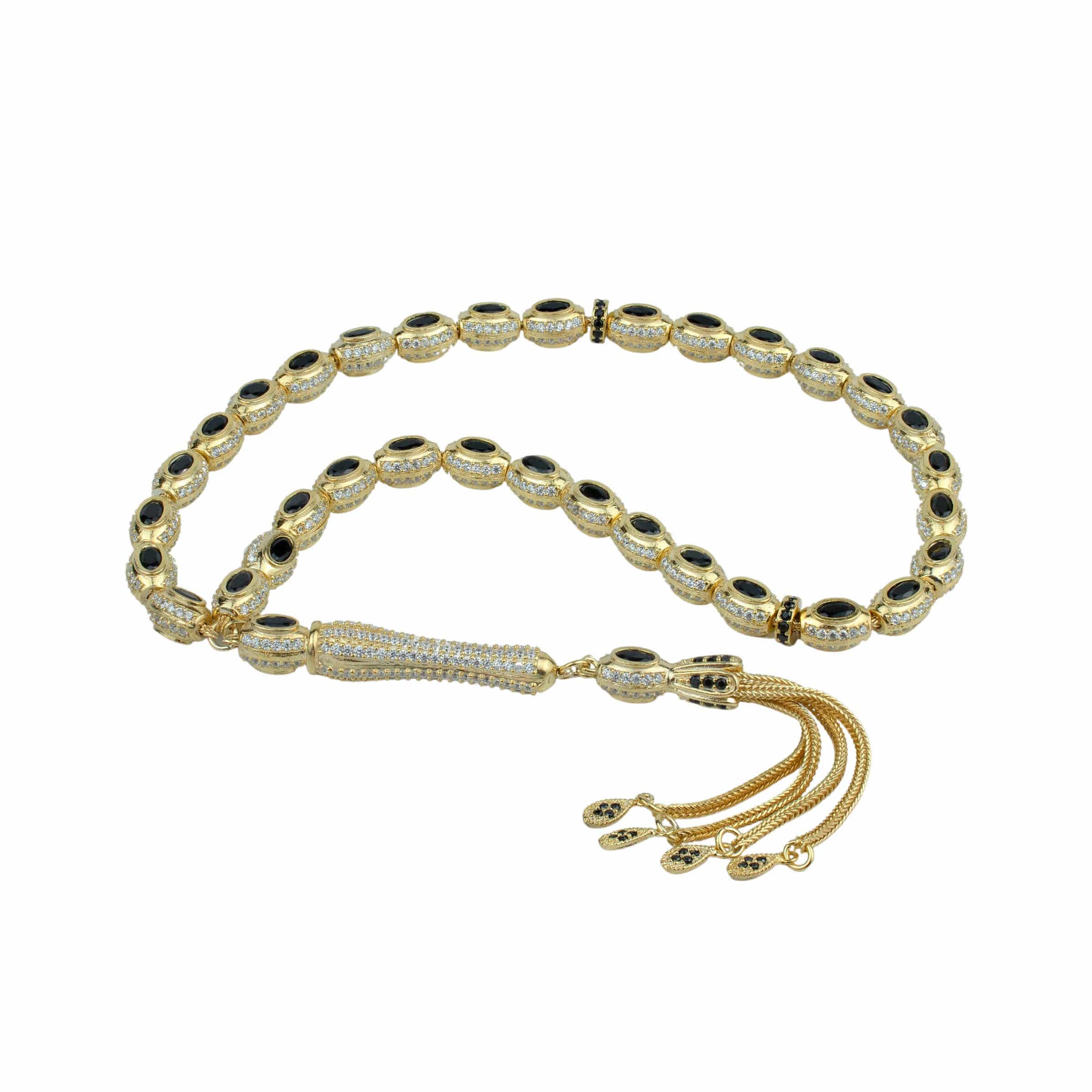 Gold plated sterling silver tasbih rosary with black onyx beads, elegantly designed with a gold-plated chain.
