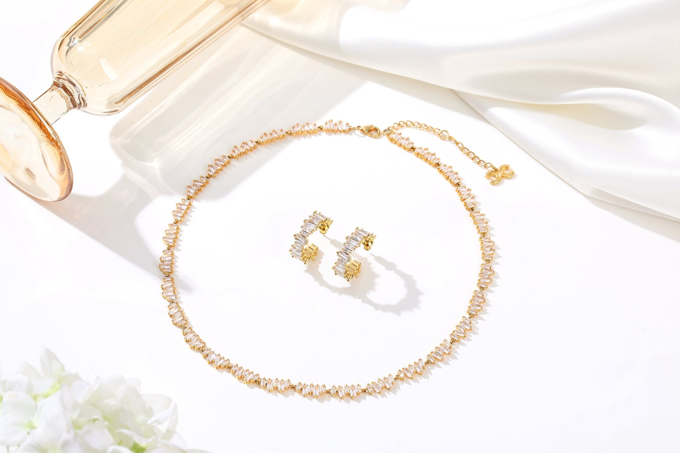 Gold T Shape Zirconia Tennis Choker Necklace featuring irregular design and sparkling cubic zirconia stones.