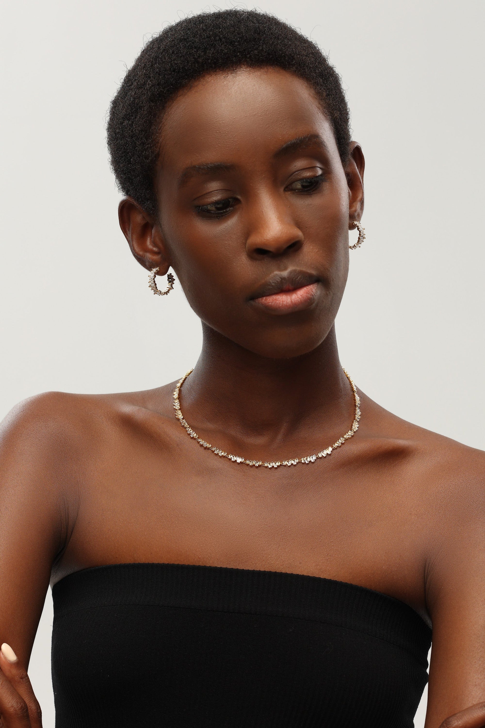 Gold T Shape Zirconia Tennis Choker Necklace featuring irregular design and sparkling cubic zirconia stones.