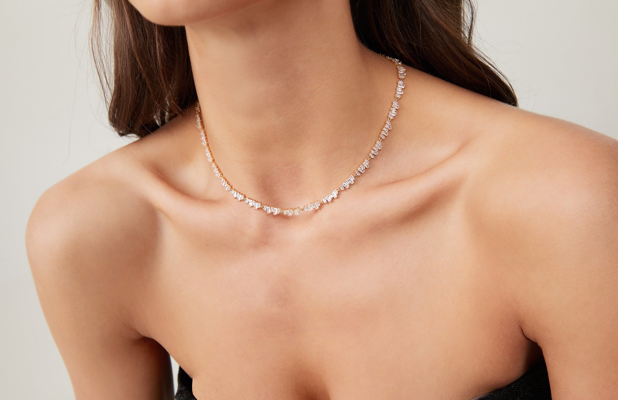 Gold T Shape Zirconia Tennis Choker Necklace featuring irregular design and sparkling cubic zirconia stones.