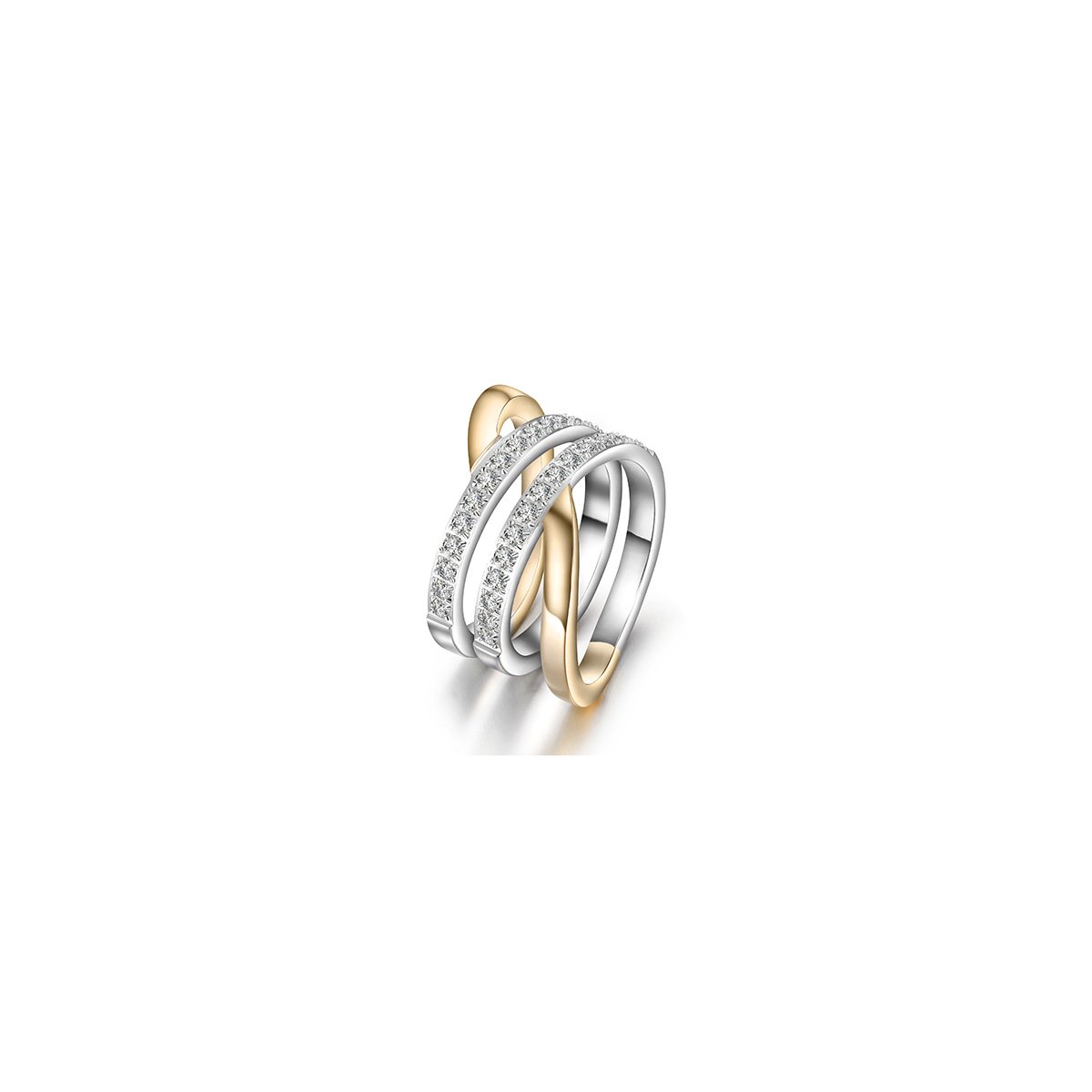 Gold wide band cocktail ring featuring sparkling cubic zirconia stones, crafted from hypoallergenic stainless steel.