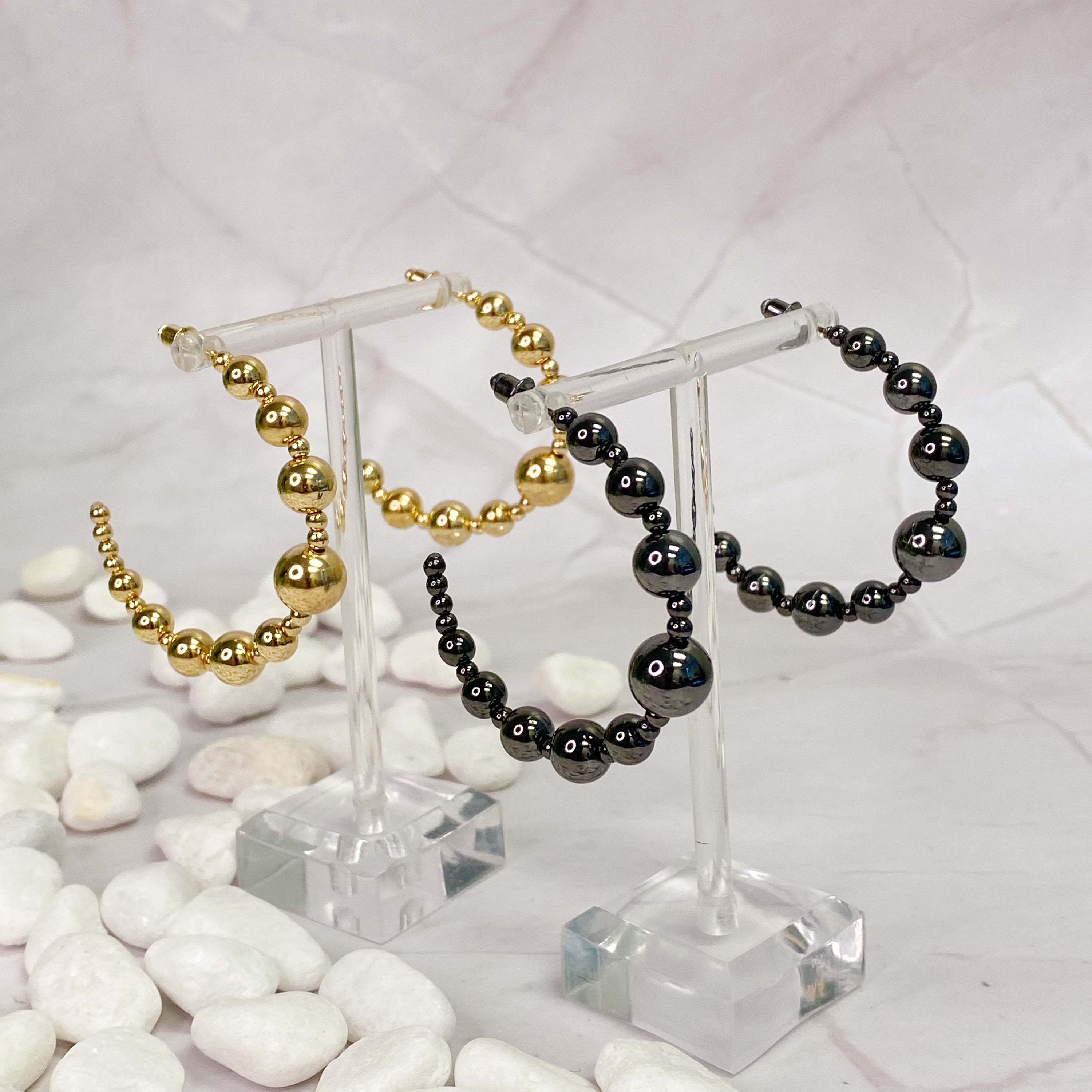 Elegant Golden Ball Hoop Earrings featuring mixed size CCB beads, lightweight and stylish for any occasion.