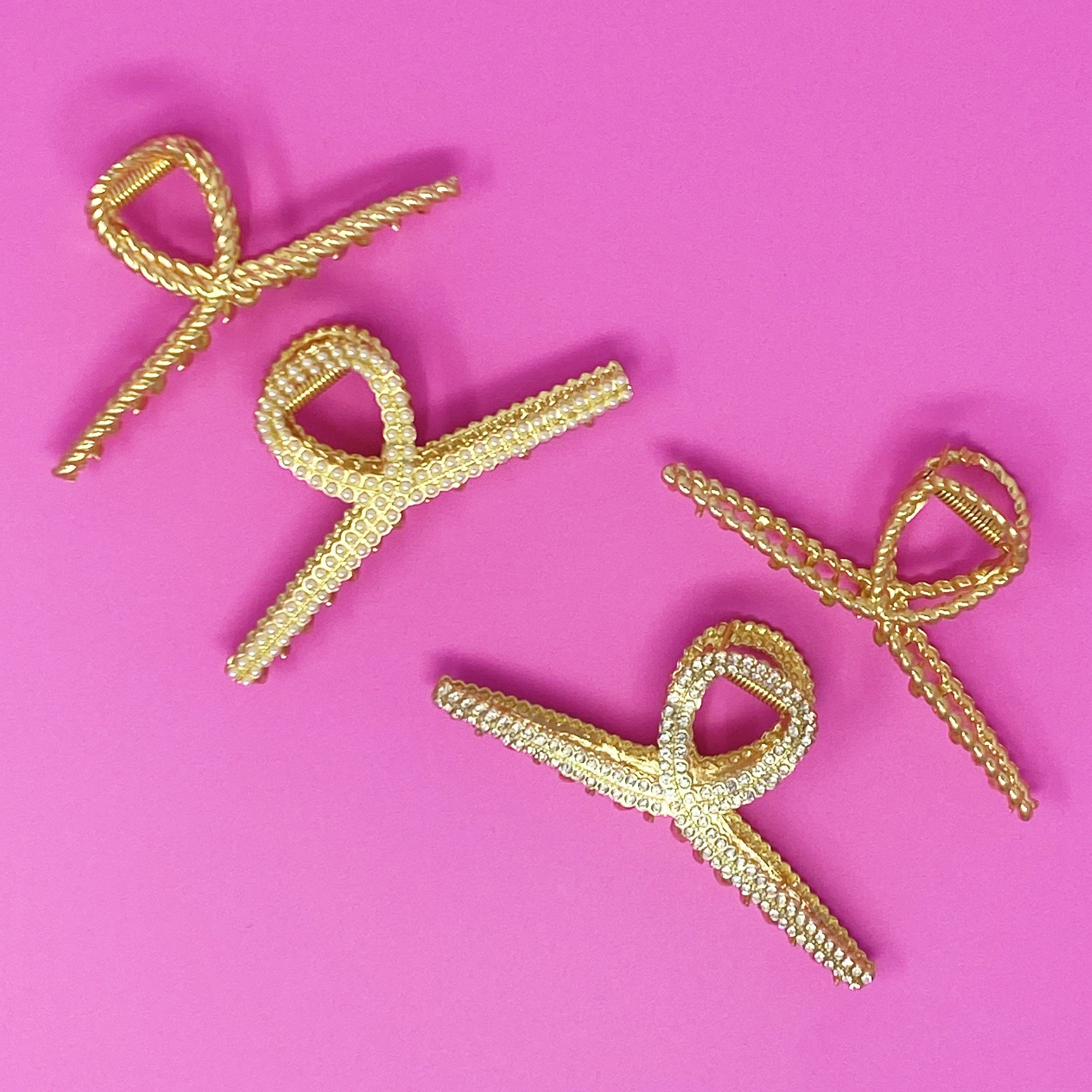 Golden Gem Hair Claw Set featuring cable texture and shiny CZ or pearl bead designs in elegant gold tone.