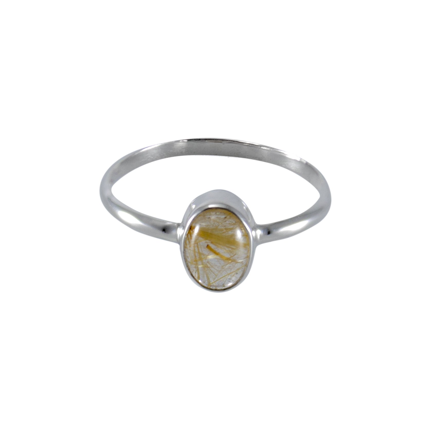 Golden Rutilated Quartz Open Bezel Sterling Silver Ring featuring a stunning oval cabochon gemstone set in a sleek silver band.