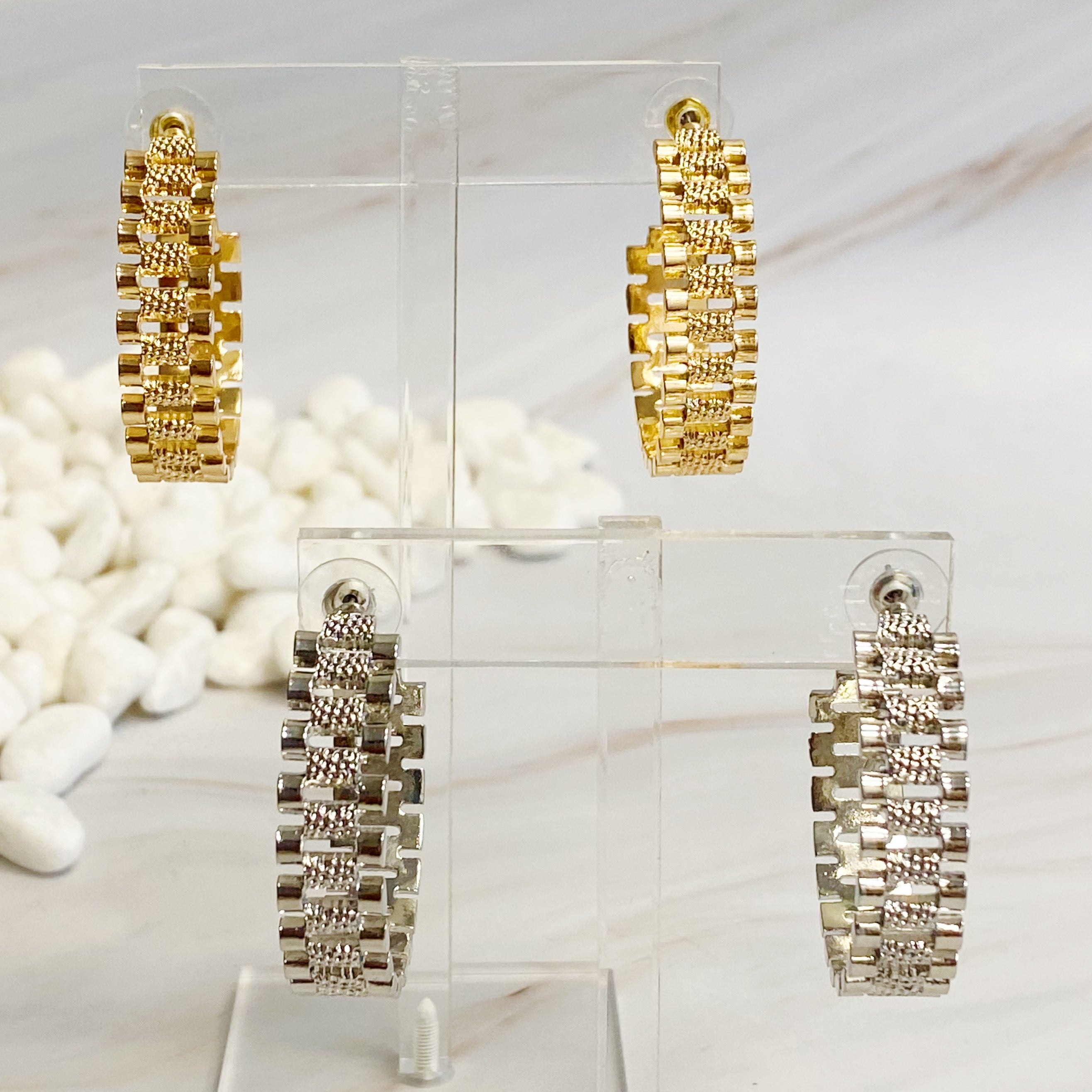 Elegant Golden Watch Band Hoop Earrings with a sleek design, perfect for any occasion.