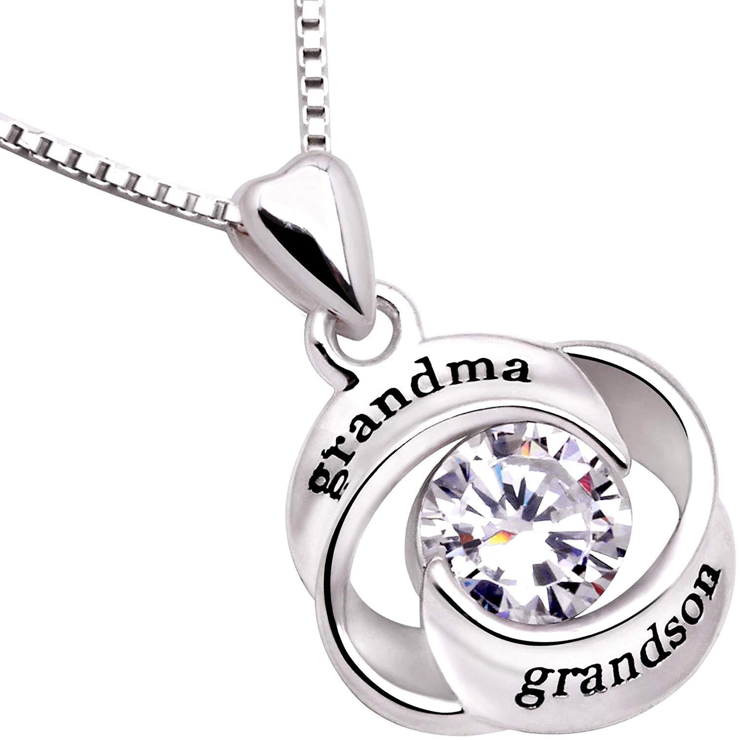 Elegant GRANDMA GRANDSON Heart Necklace in 18K white gold, embellished with sparkling crystals, showcasing a heart-shaped pendant.