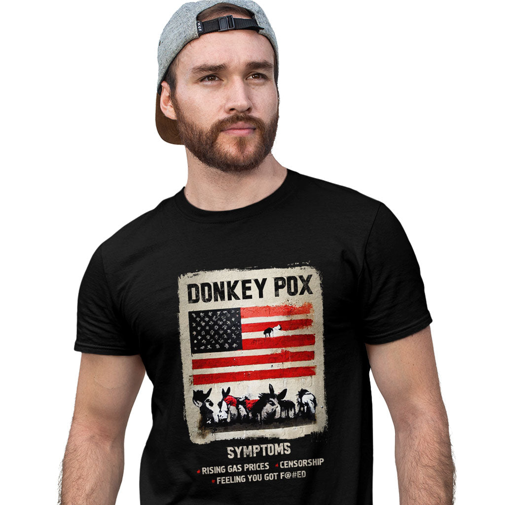 Graphic Donkey Pox T-Shirt featuring a humorous design, made from soft Airlume cotton, available in various sizes.