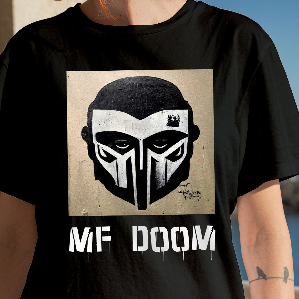 Graphic MF Doom T-Shirt featuring a classic design, made from soft and breathable fabric, available in various sizes.