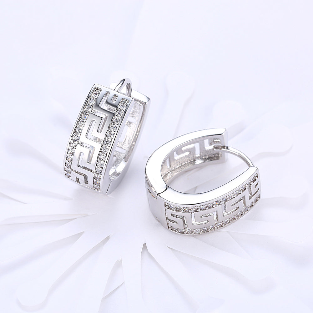 Elegant Greek Design Leverback Earrings in 18K White Gold Plated with sparkling crystals, displayed in a white gift box.