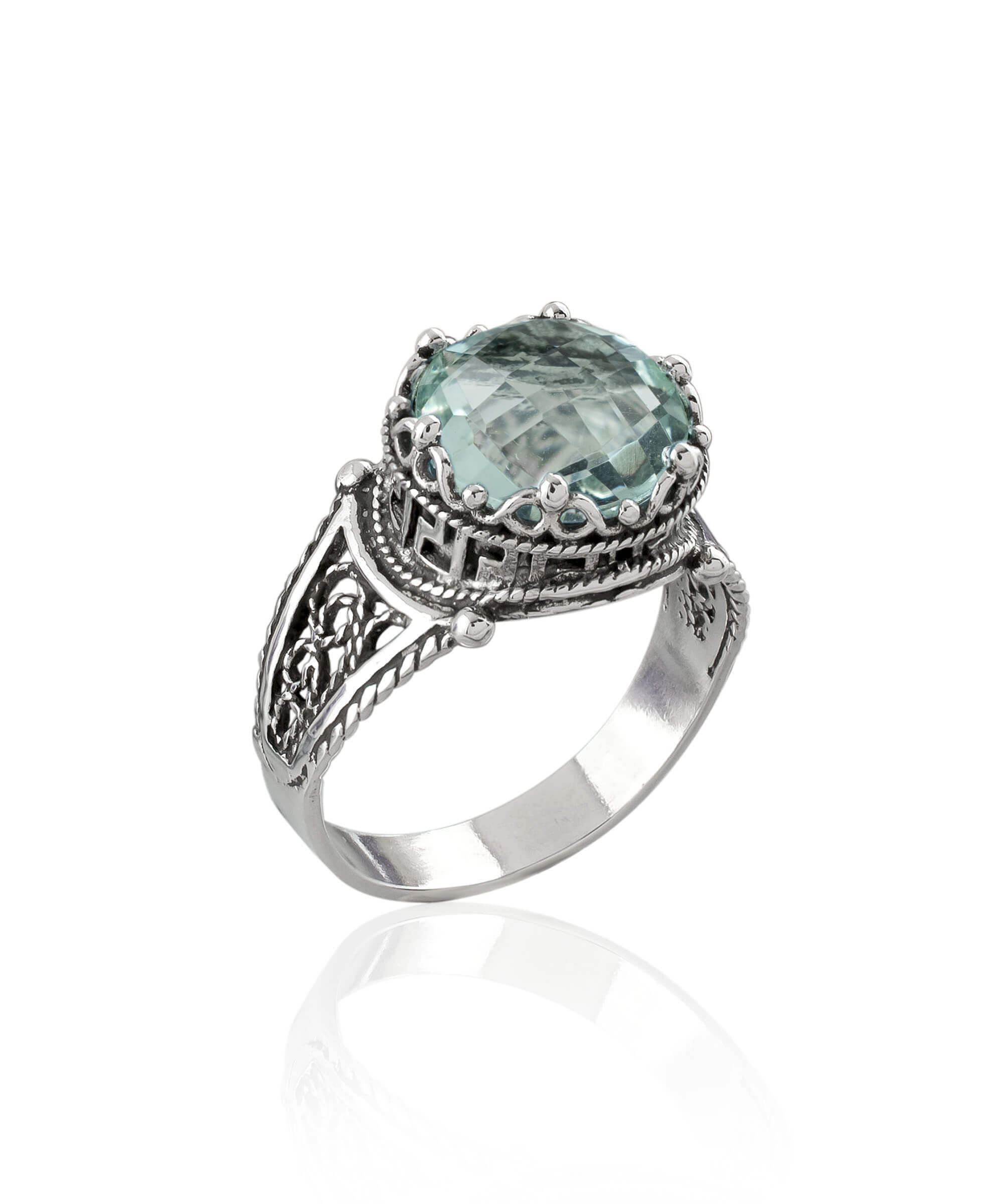 Elegant Greek Key Pattern Filigree Art Ring featuring a round-cut aquamarine gemstone set in polished sterling silver.