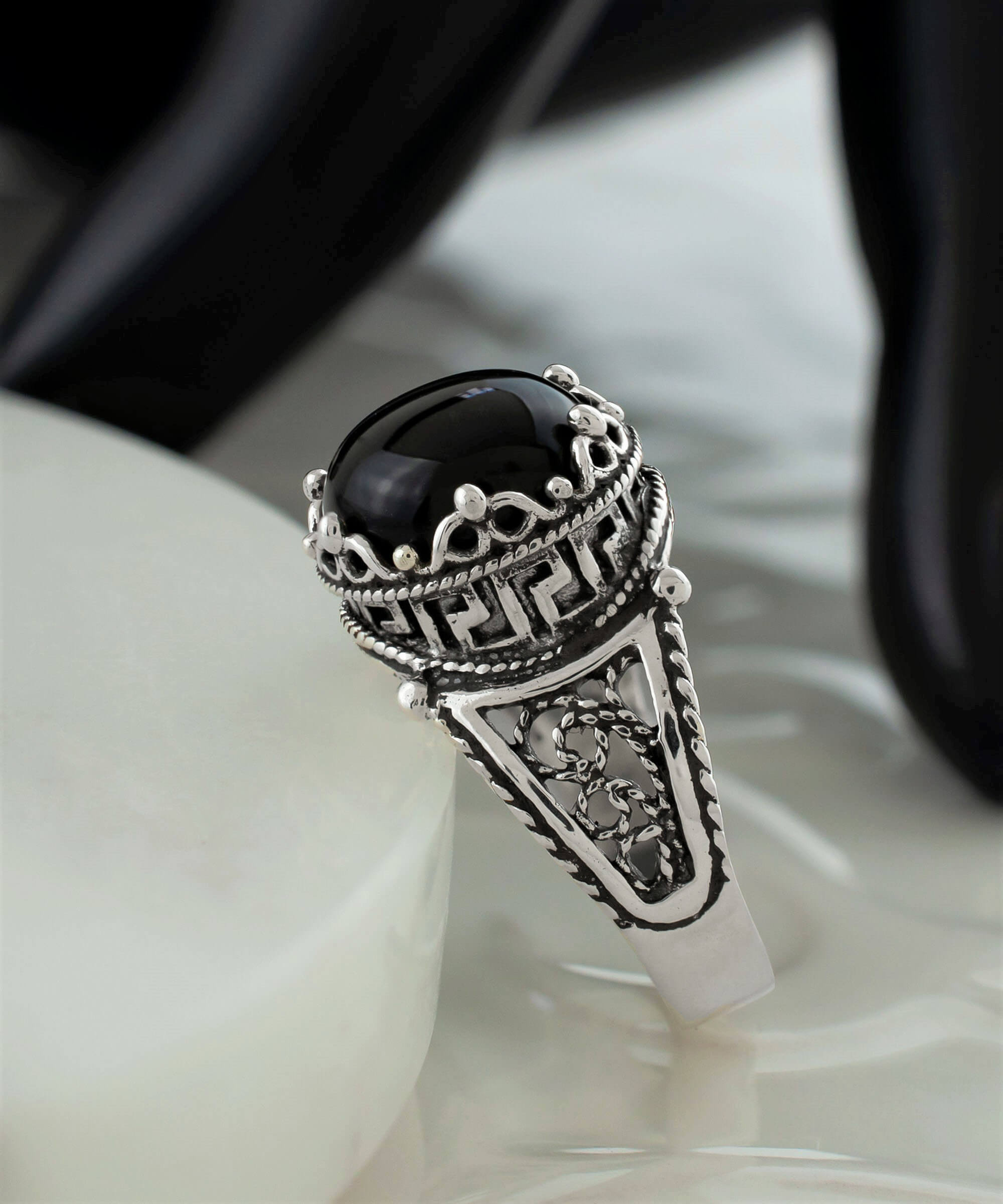 Elegant Greek Key Pattern Filigree Art Ring featuring a black onyx gemstone set in 925 sterling silver, perfect for women.