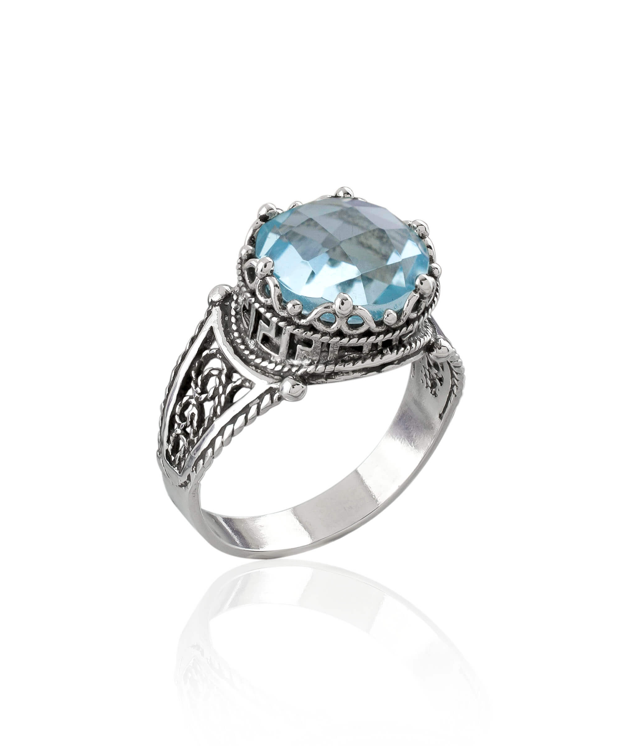 Elegant Greek Key Pattern Filigree Art ring featuring a blue topaz gemstone set in 925 sterling silver, beautifully crafted for women.