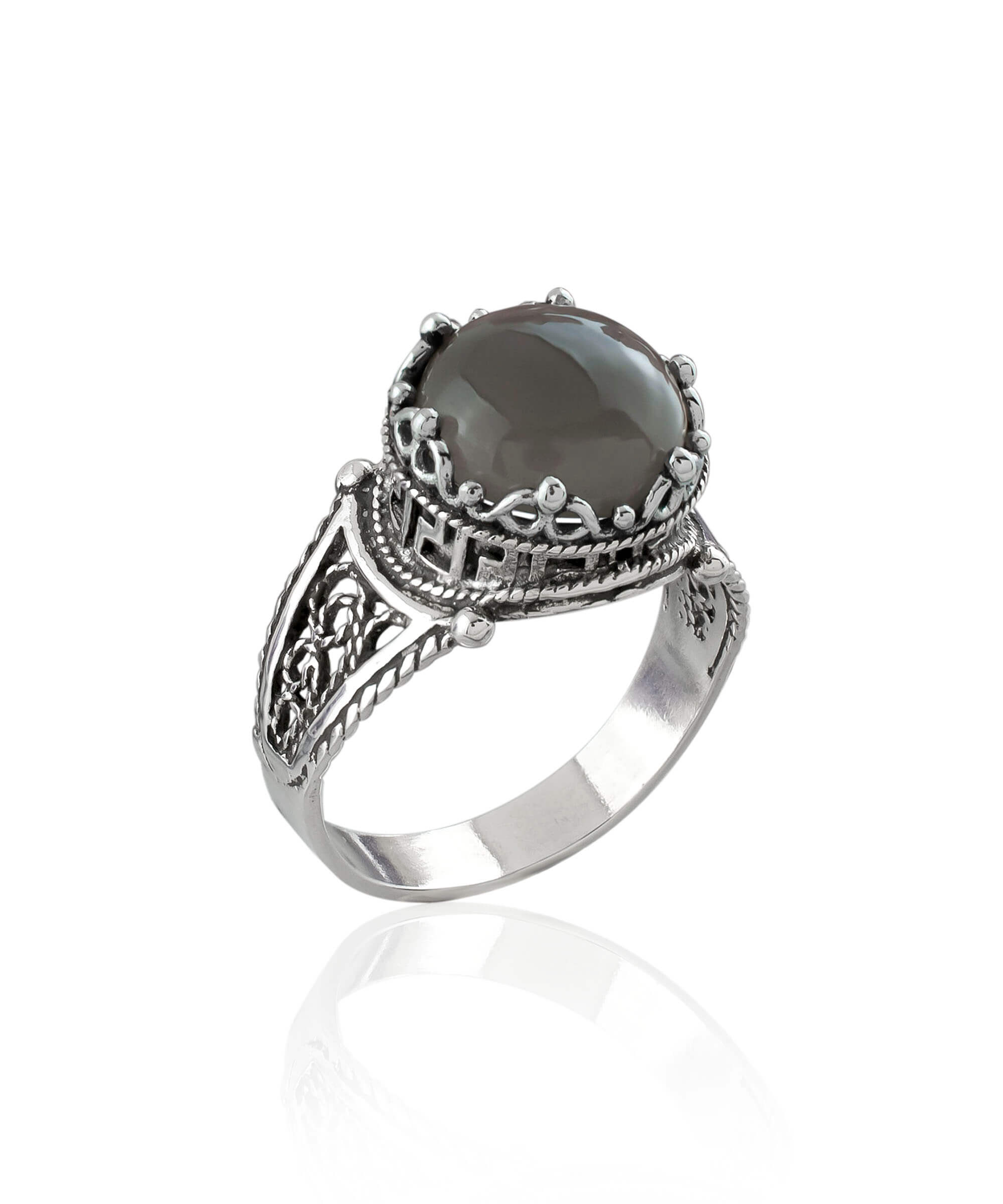 Elegant Greek Key Pattern Filigree Art Ring featuring a gray moonstone gemstone set in 925 sterling silver, perfect for women.