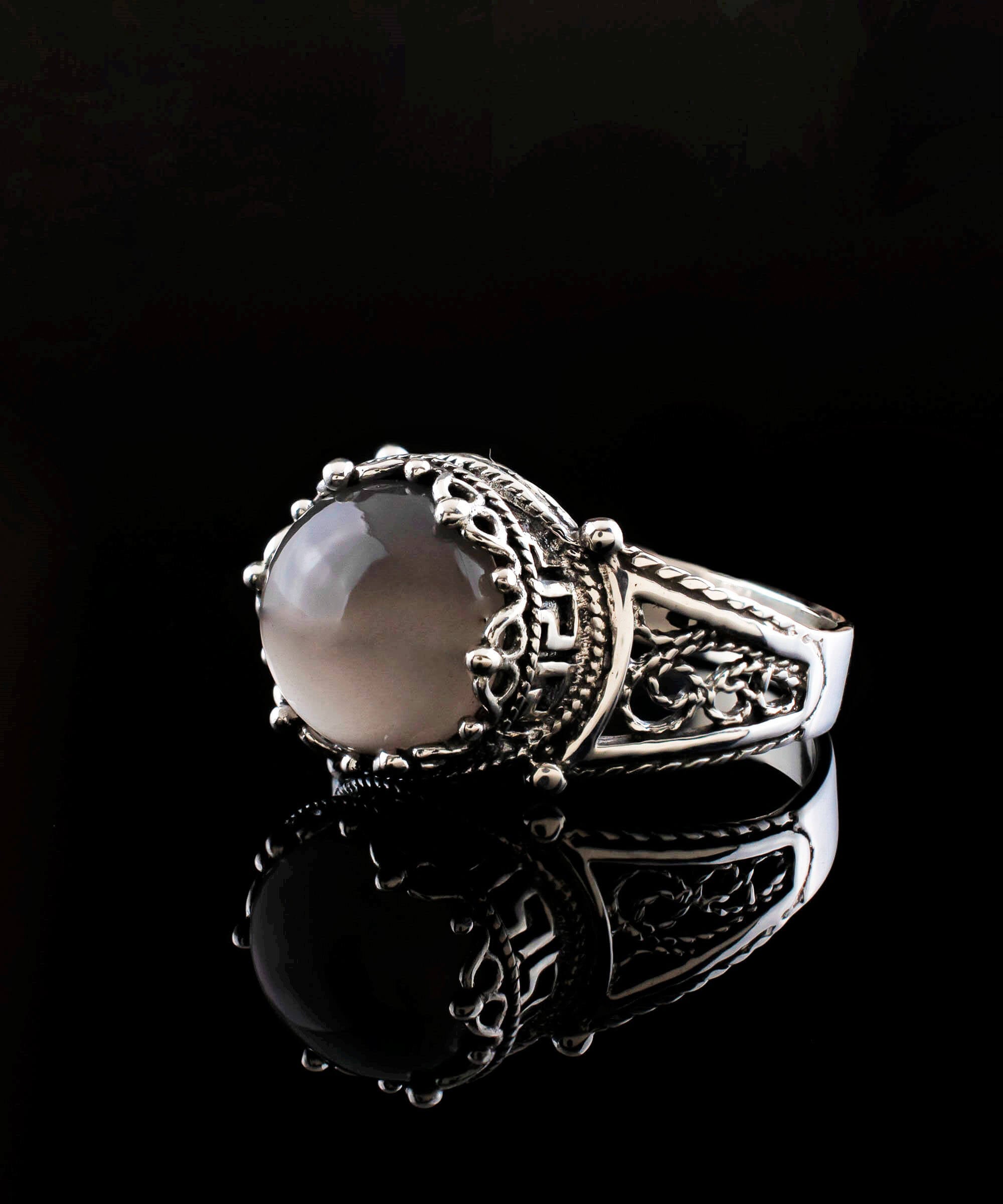 Elegant Greek Key Pattern Filigree Art Ring featuring a gray moonstone gemstone set in 925 sterling silver, perfect for women.