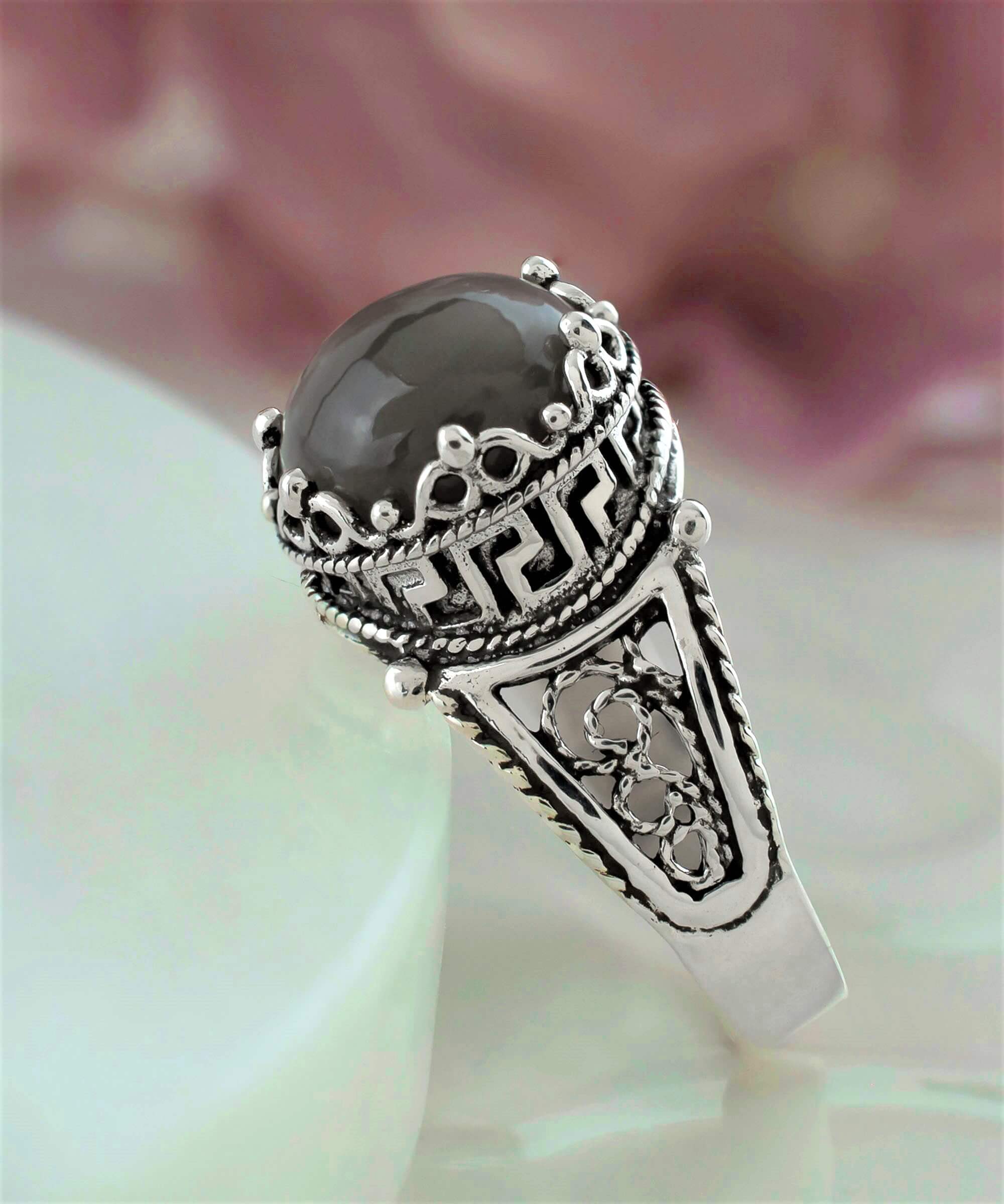 Elegant Greek Key Pattern Filigree Art Ring featuring a gray moonstone gemstone set in 925 sterling silver, perfect for women.