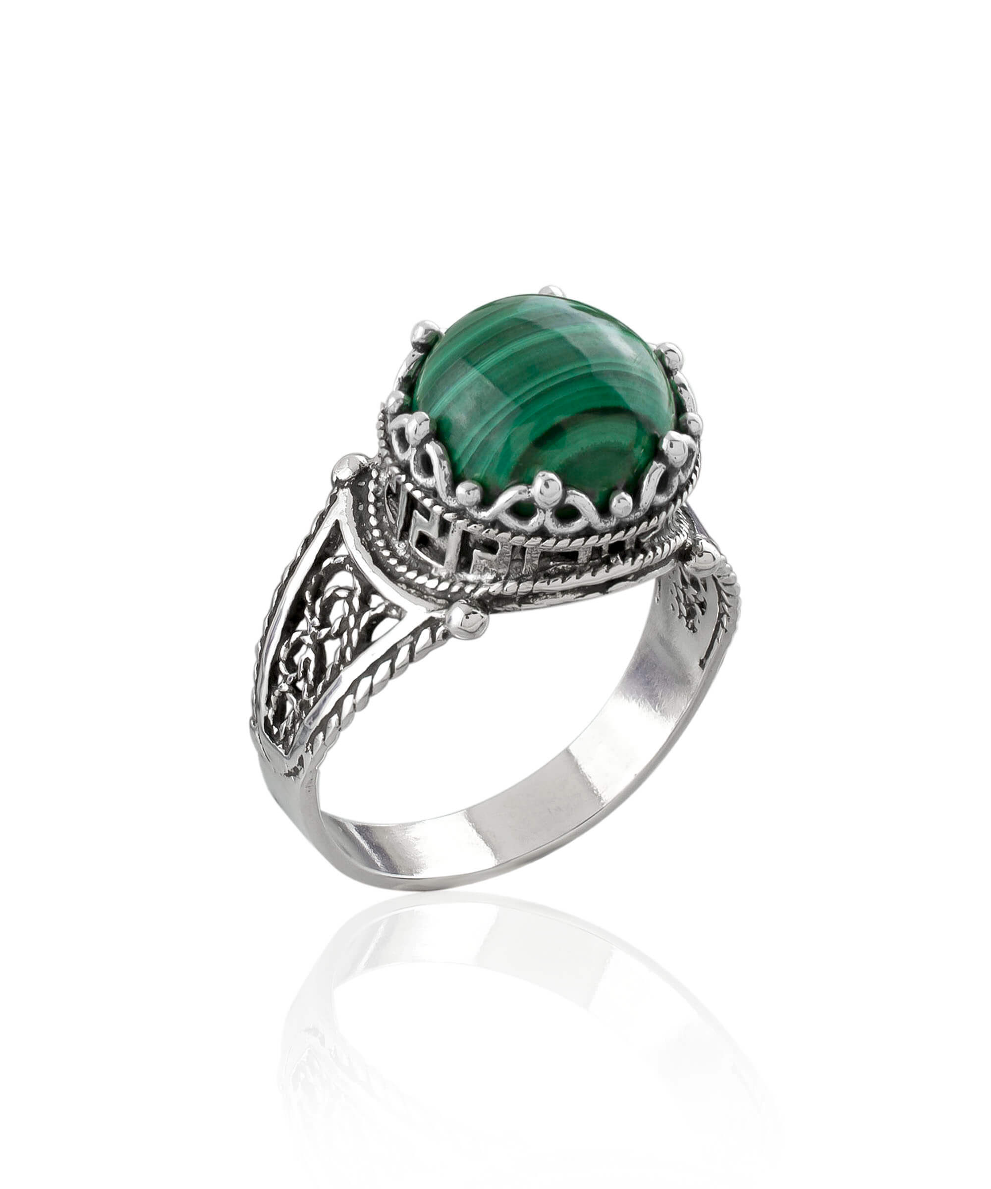 Elegant Greek Key Pattern Filigree Art Ring featuring a natural Malachite gemstone set in 925 sterling silver, beautifully crafted for women.