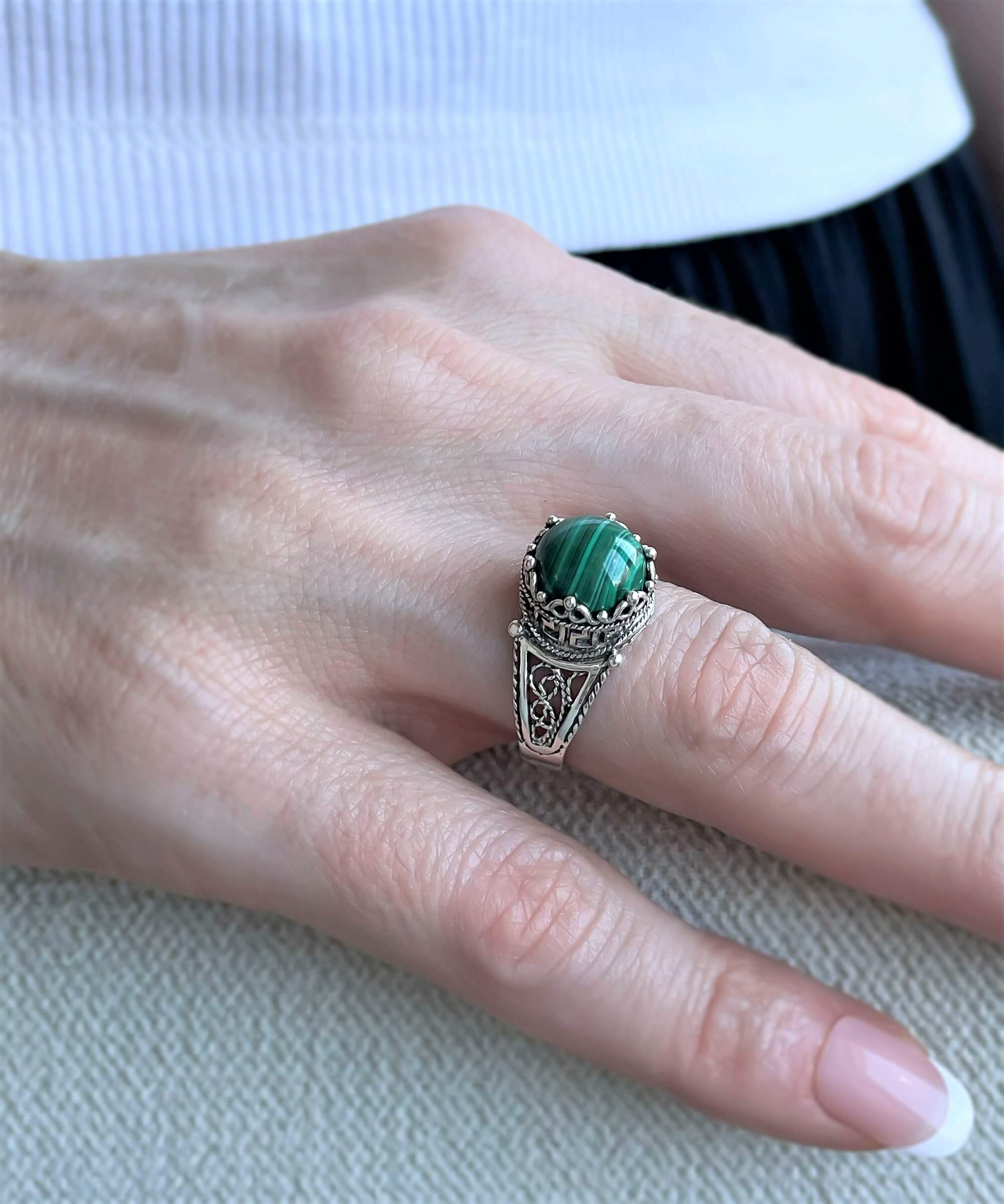 Elegant Greek Key Pattern Filigree Art Ring featuring a natural Malachite gemstone set in 925 sterling silver, beautifully crafted for women.