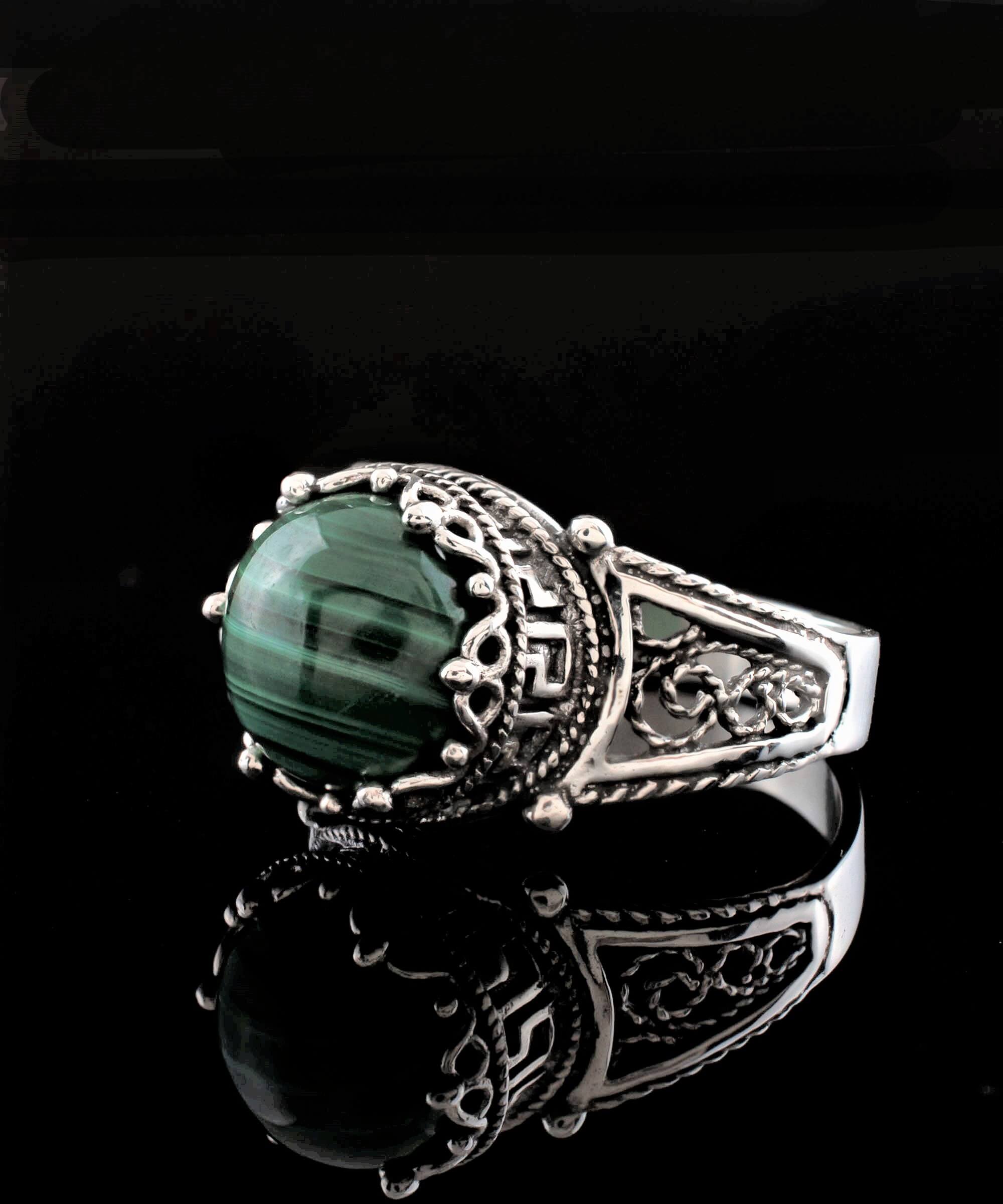 Elegant Greek Key Pattern Filigree Art Ring featuring a natural Malachite gemstone set in 925 sterling silver, beautifully crafted for women.