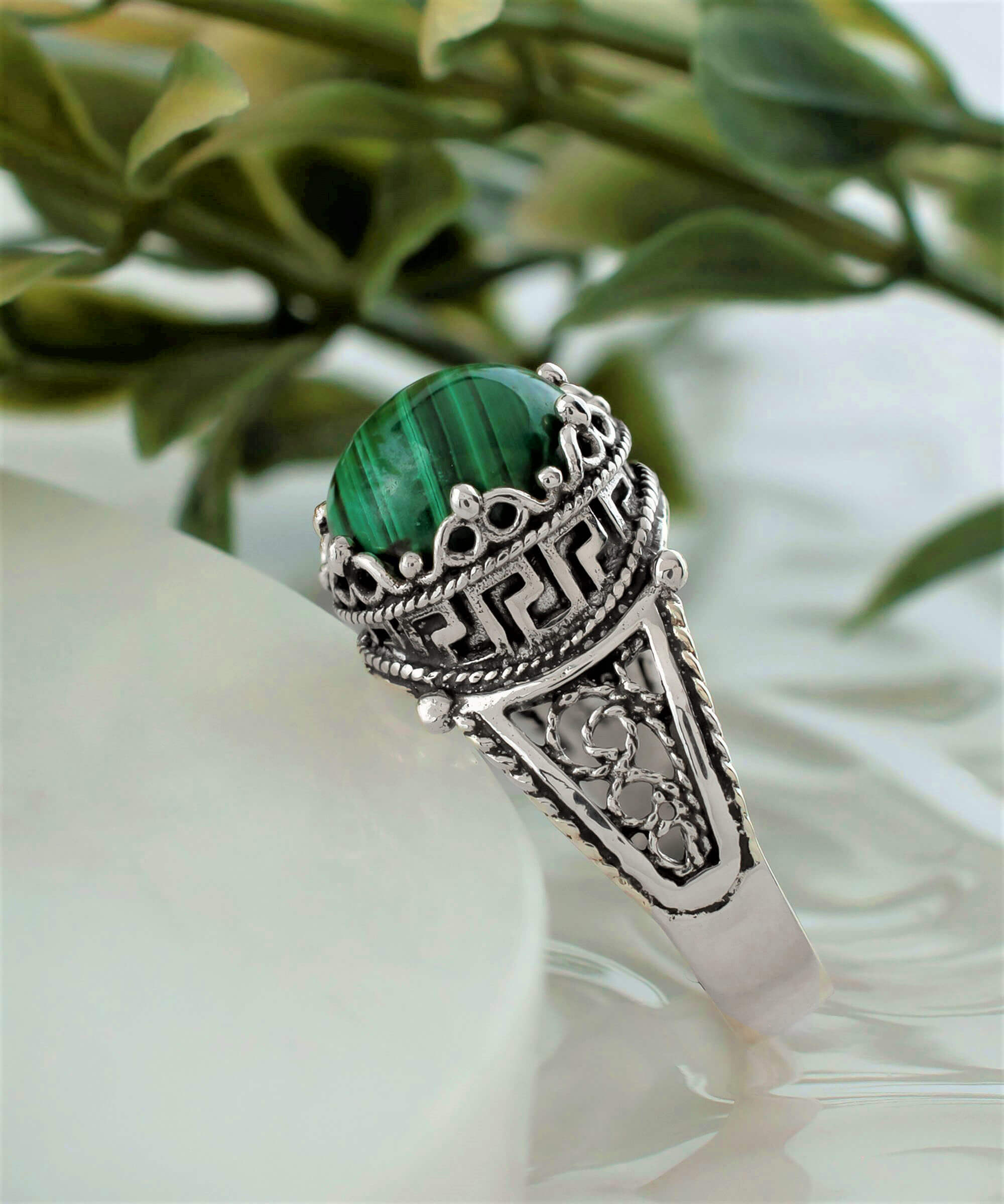 Elegant Greek Key Pattern Filigree Art Ring featuring a natural Malachite gemstone set in 925 sterling silver, beautifully crafted for women.