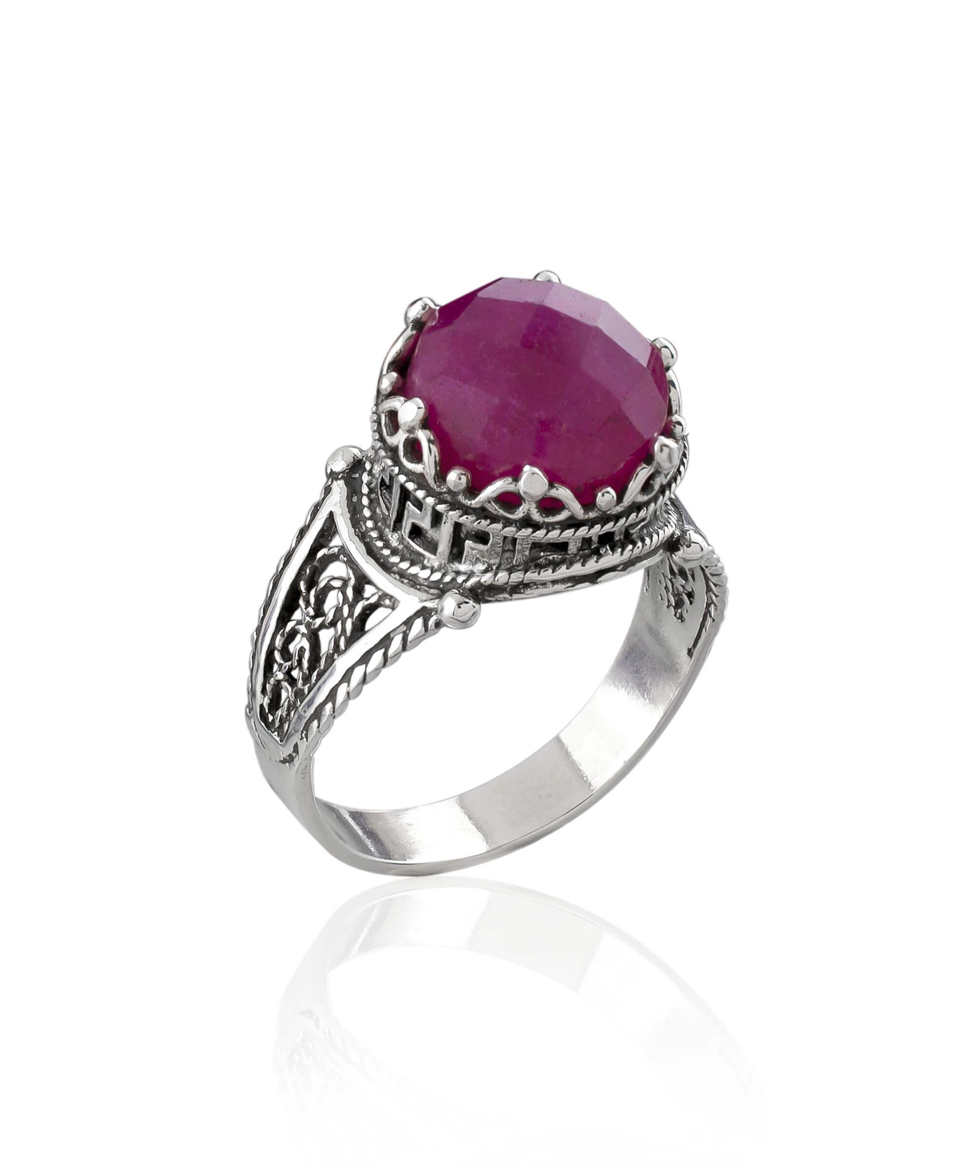 Elegant Greek Key Pattern Filigree Art Ring featuring a vibrant ruby corundum gemstone set in 925 sterling silver.