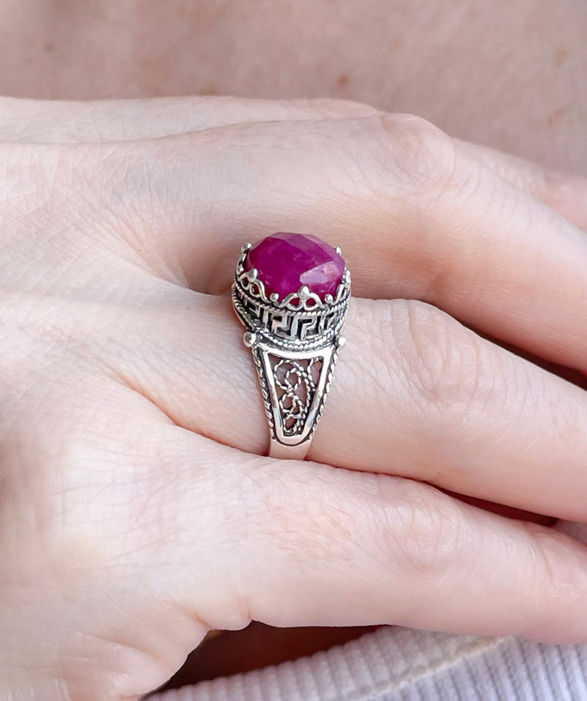 Elegant Greek Key Pattern Filigree Art Ring featuring a vibrant ruby corundum gemstone set in 925 sterling silver.