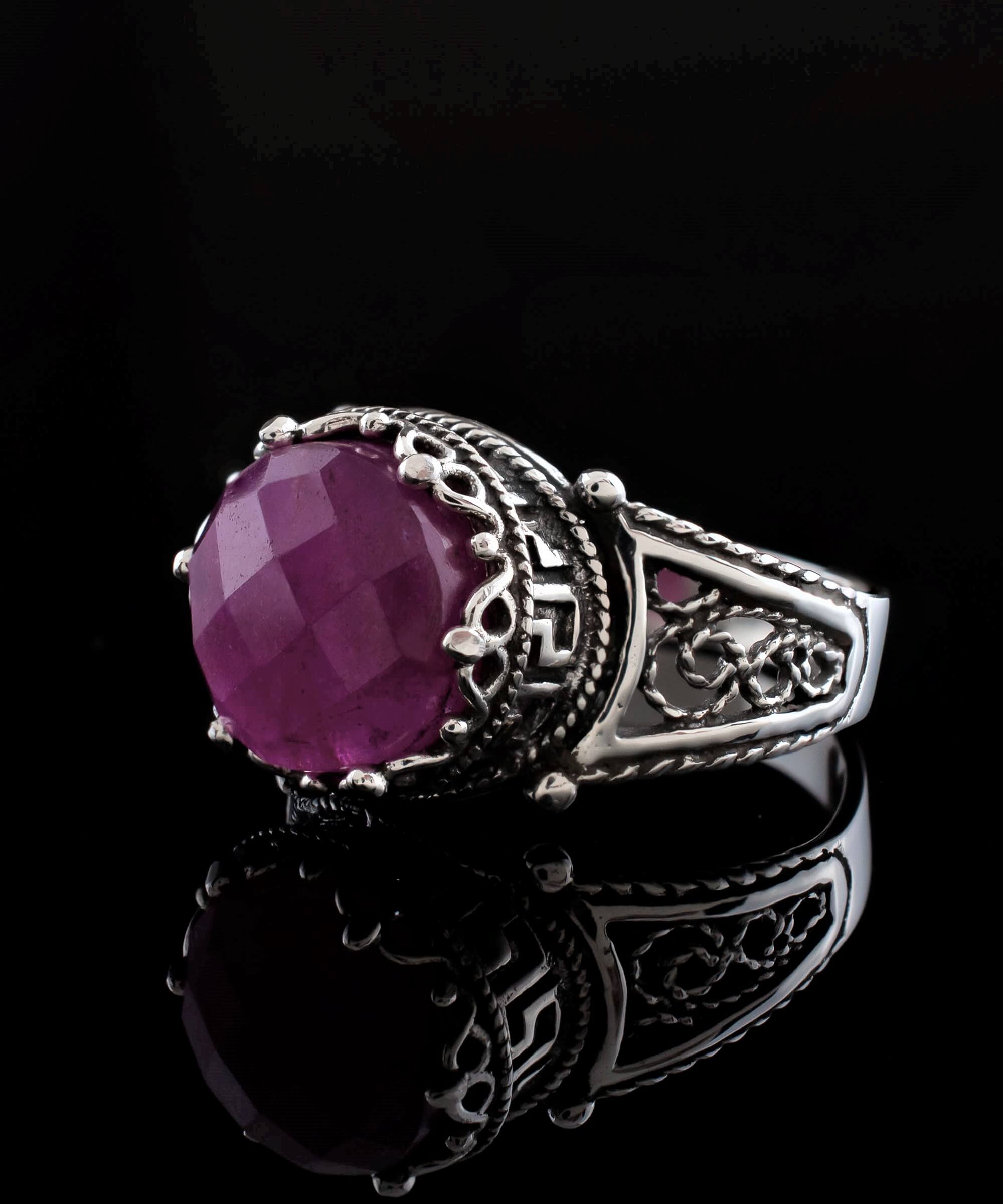 Elegant Greek Key Pattern Filigree Art Ring featuring a vibrant ruby corundum gemstone set in 925 sterling silver.