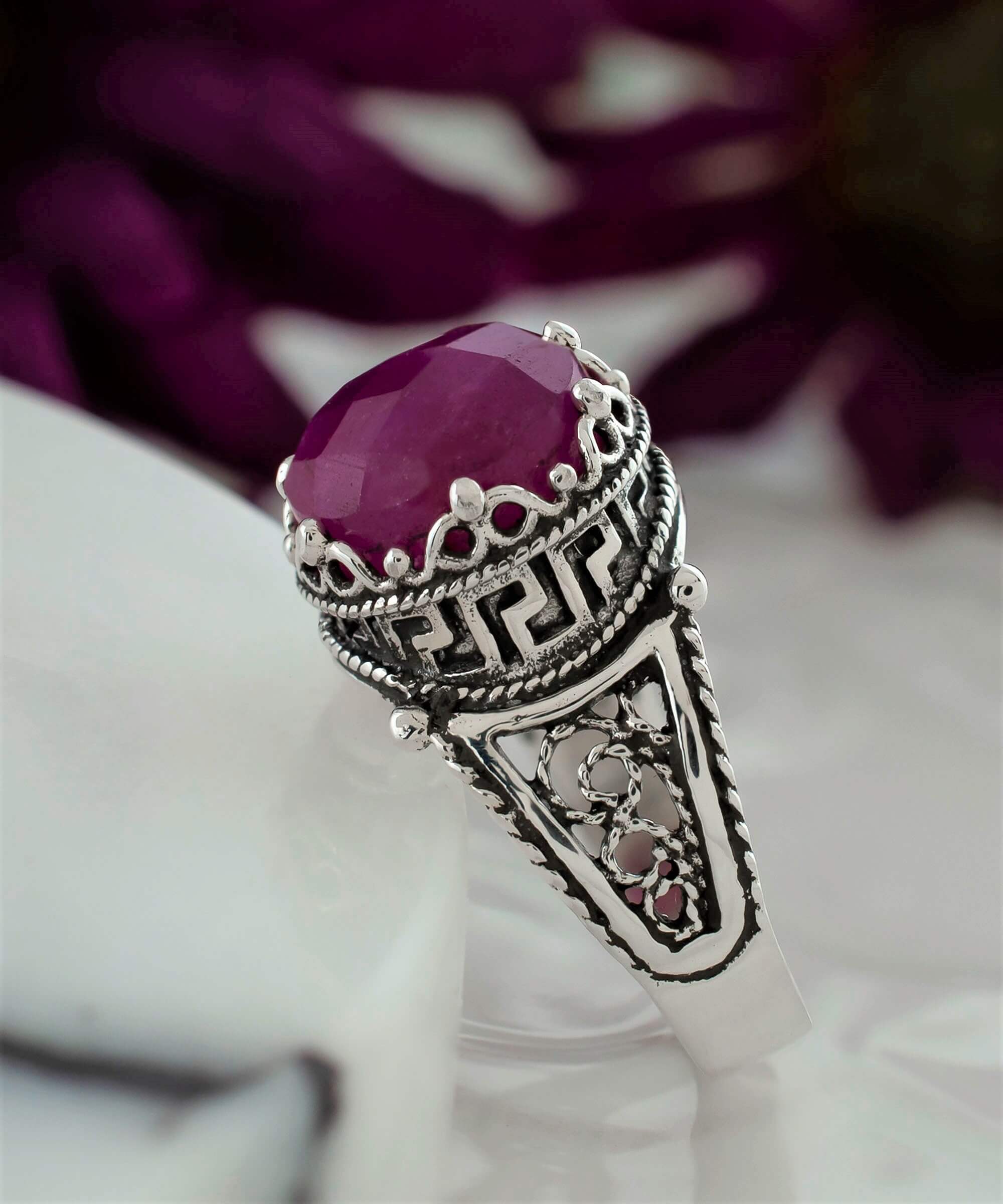 Elegant Greek Key Pattern Filigree Art Ring featuring a vibrant ruby corundum gemstone set in 925 sterling silver.