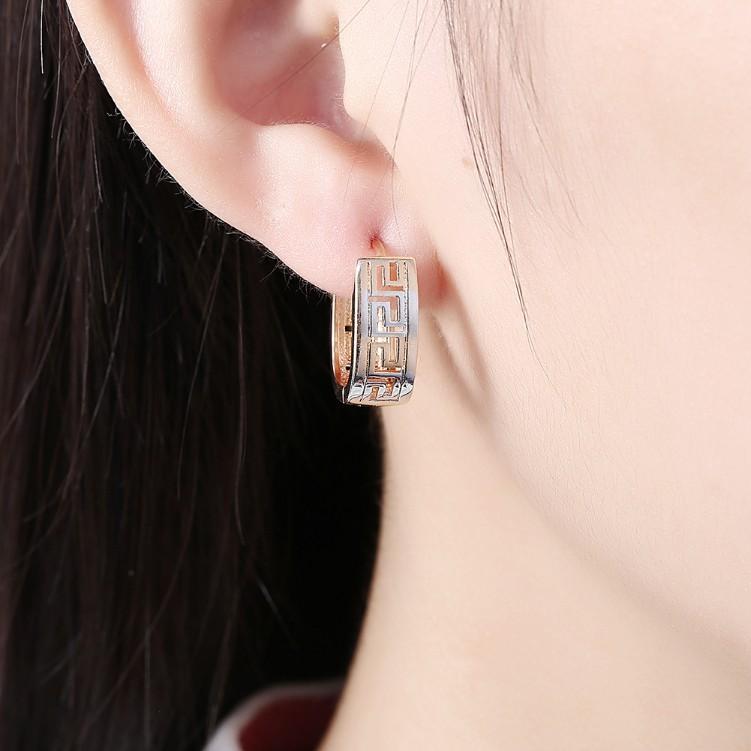 Greek Medallion Duo Toned Huggie Hoop Earrings in 18K White Gold with Austrian crystals, showcasing elegant design and butterfly backing.