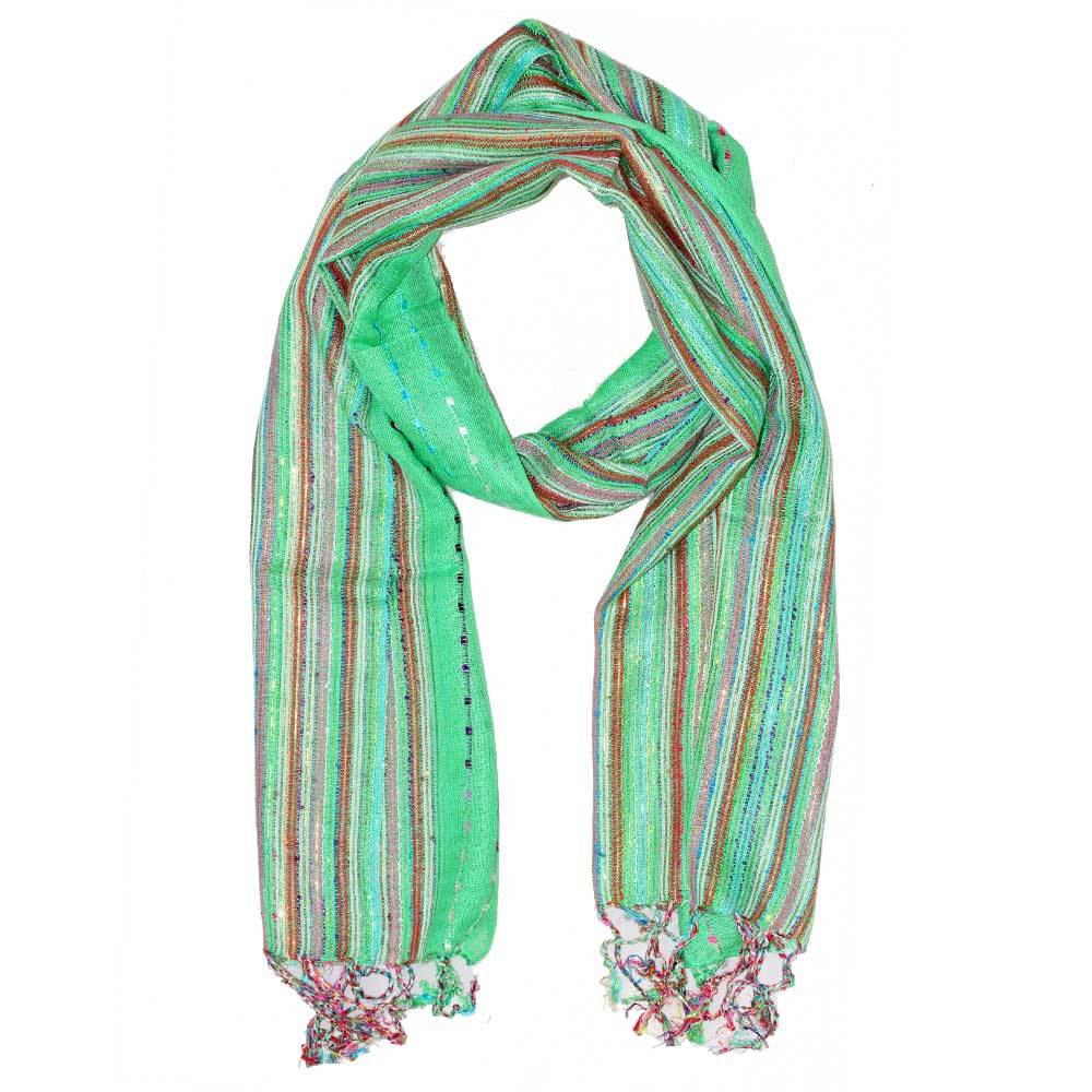 A vibrant green cotton scarf featuring shimmering multi-color stripes and elegant tassels, perfect for stylish layering.