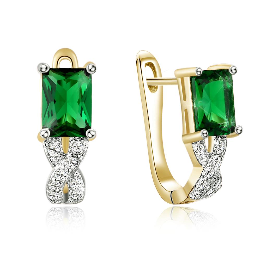 Elegant Green Emerald Cut Twisted Earrings featuring certified crystals and 18K gold plating, showcasing a unique twisted design.