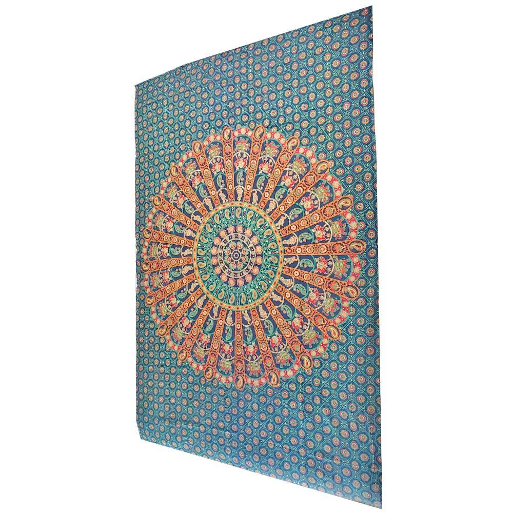 A vibrant green tapestry featuring Radha Krishna, elephants, and camel mandala designs, perfect for home decor.