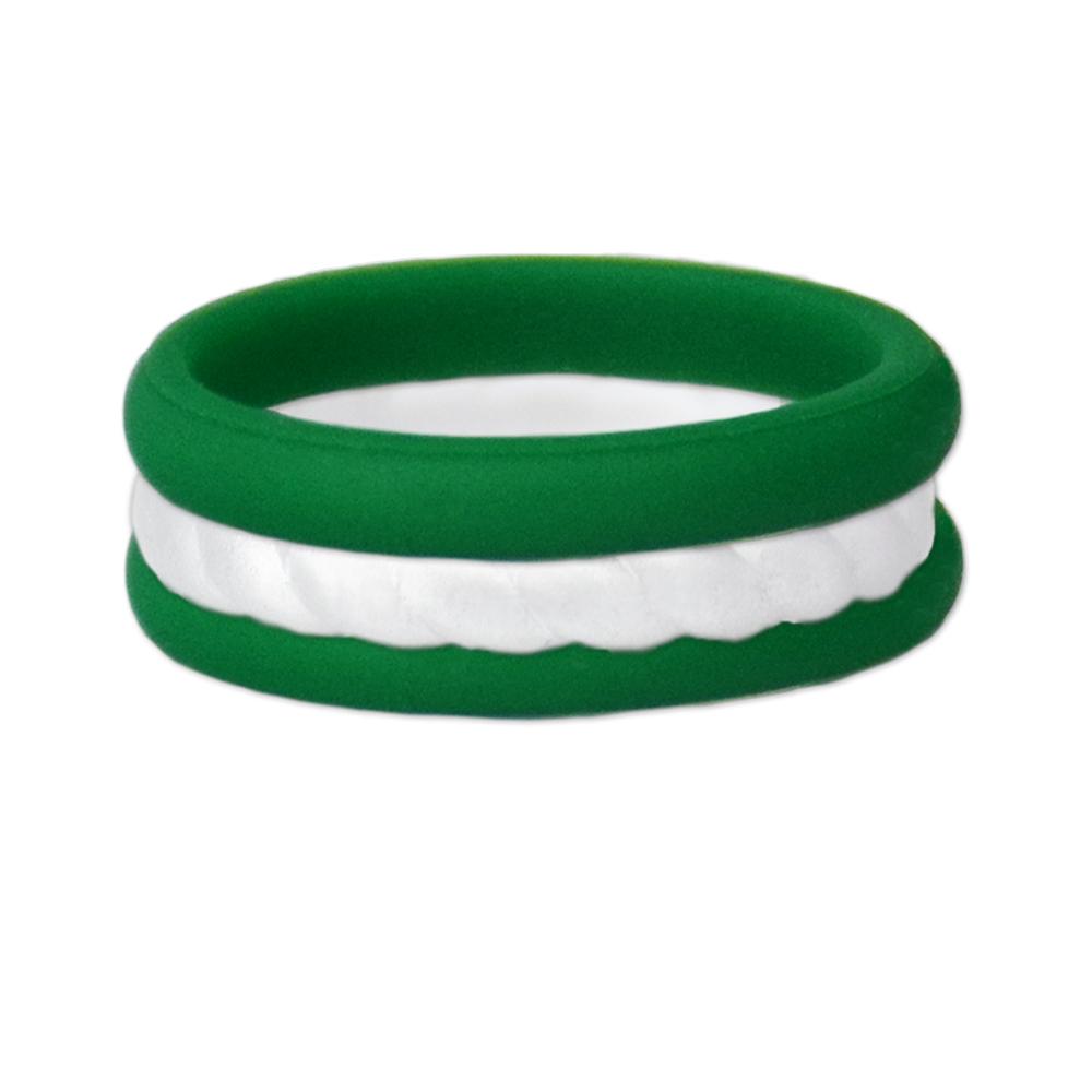 Green and white rope design stackable silicone ring, 3mm height, available in multiple sizes.
