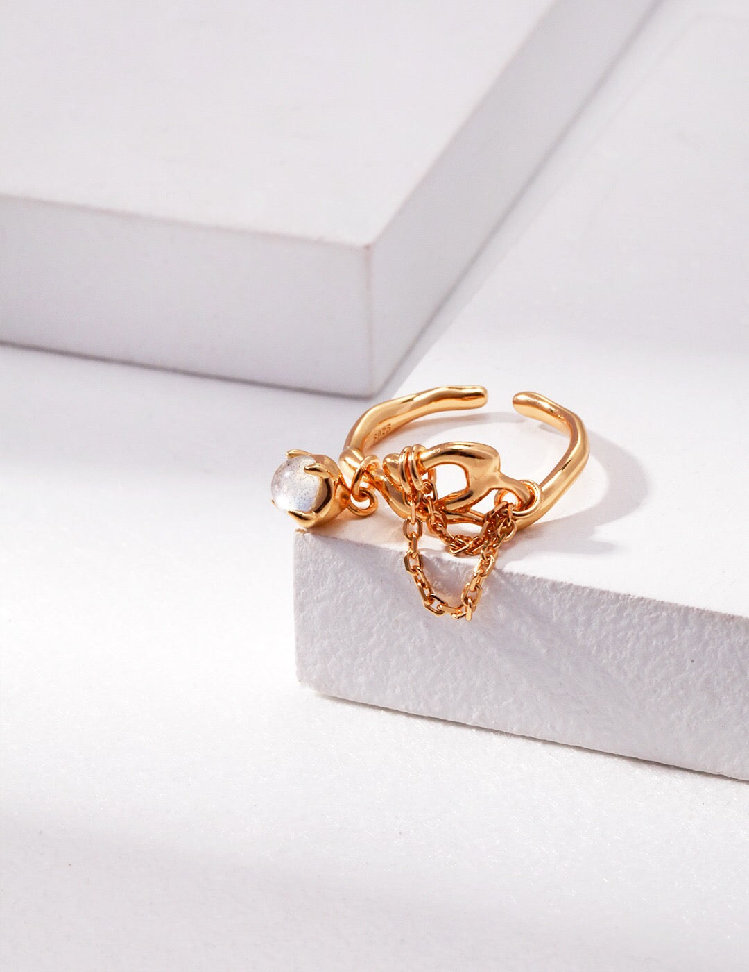 Handmade Grey Moonstone Pendant Ring featuring sterling silver and gold vermeil, adjustable size, and a beautiful 5mm grey moonstone.