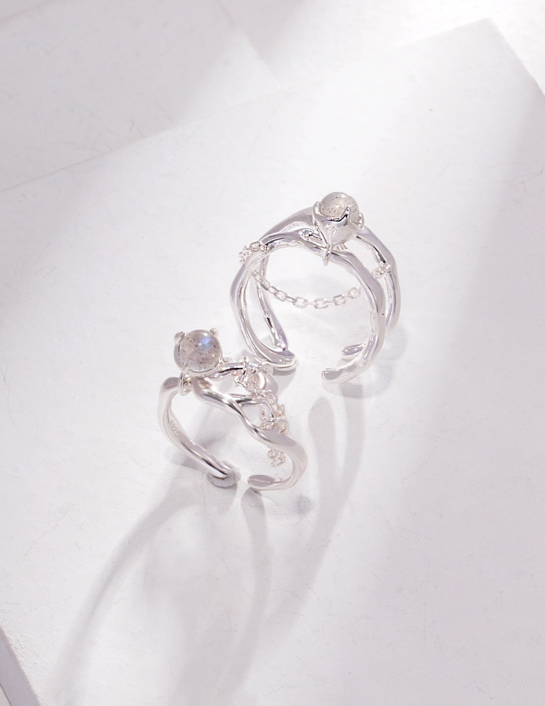 Handmade Grey Moonstone Pendant Ring featuring sterling silver and gold vermeil, adjustable size, and a beautiful 5mm grey moonstone.